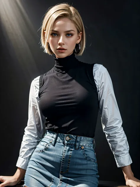 Generate a stunning image featuring Android 18, with her short Blonde hair, bobcut hairstyle, Blue eyes, eyeslashes, Jewelry, De...