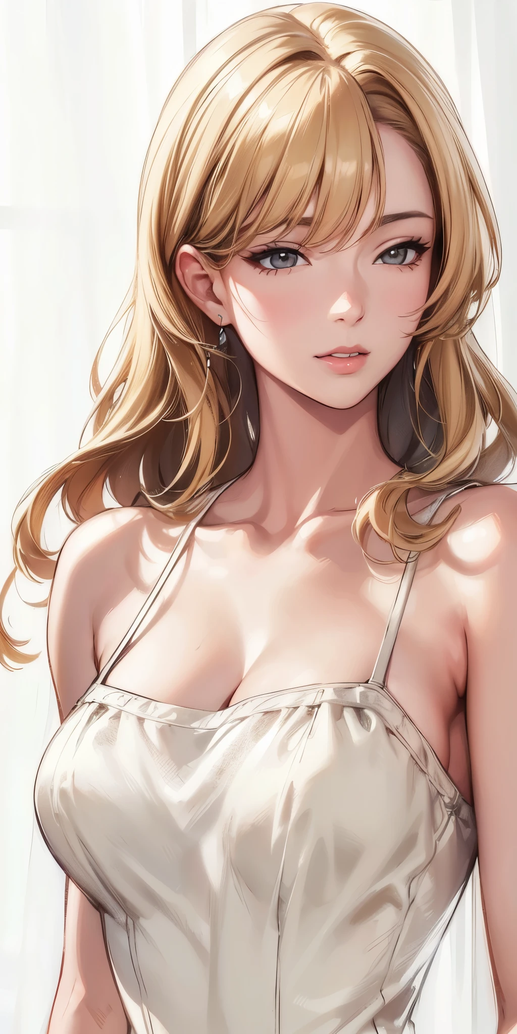 (best quality, highres), portrait, upper body, elegant, adult woman, brown eyes, long hair, swept-side bang, [[brown hair]], (blonde hair), broad shoulders, slip dress, cleavage, white curtain, ultra detailed cg 8k