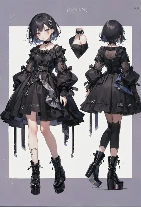 an illustration of two characters wearing different types of clothing one of them is in a gothic style, 1girl, purple eyes, black hair, jewelry, black nails, dress, boots, platform footwear, multiple views, earrings, black dress, short hair, belt