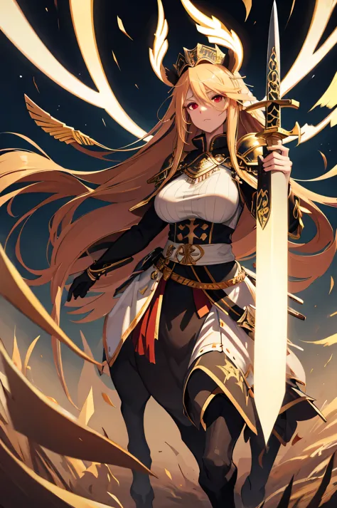 4k,High resolution,one woman,Kentauk Point,cream hair,long hair,white and red eyes,big breasts,Valkyrie,black holy armor,jewelry...