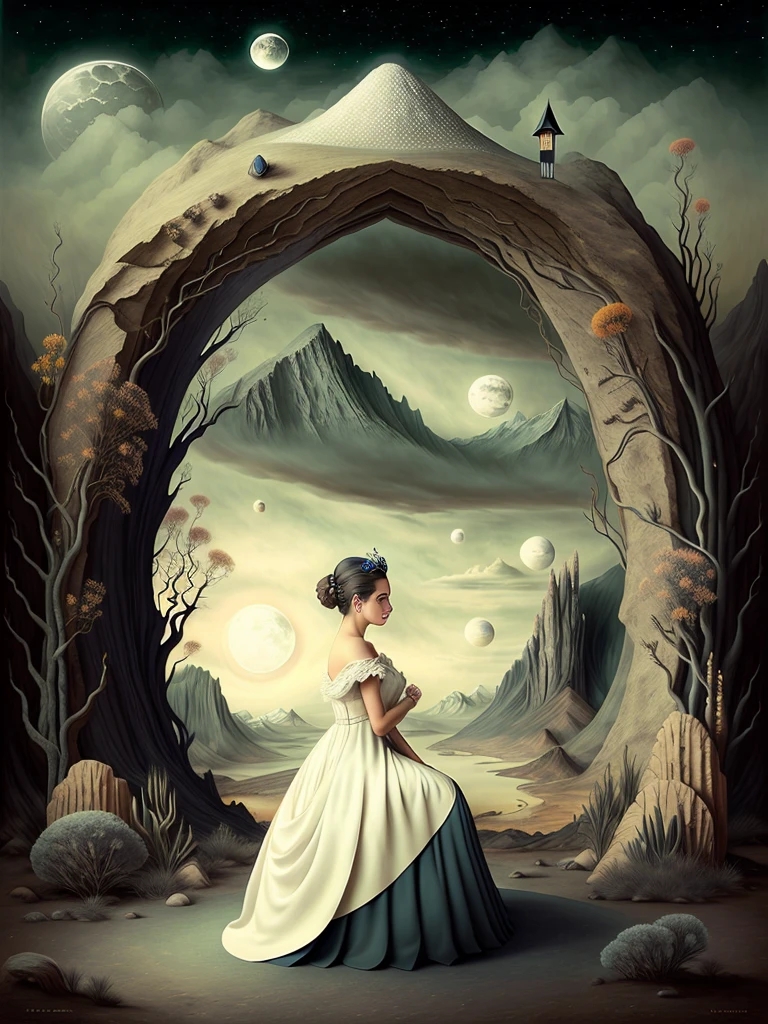 Neo surrealism, whimsical art, painting, fantasy, magical realism, bizarre art, pop surrealism, inspired by Remedios Var, Jacek Yerka and Gabriel Pacheco. Create a surreal cosmic scene with a young woman sitting on a crescent moon. The moon is highly detailed with realistic craters, and the woman is in a three-quarter profile view. Her skin is fair, with a soft, contemplative expression on her face and her eyes closed. She has long, dark brown hair styled in a loose updo with elegant floral decorations. She wears a full-length, flowing vintage cream gown with intricate lace detailing and ethereal, gossamer fabric that drapes gracefully over the moon’s edge. The woman's pose is relaxed, with one hand supporting her head and the other resting on her lap. The background features a vast cosmic sky filled with stars, nebulae, and galaxies, exhibiting a vibrant mix of blues, whites, and purples. The lower portion of the image shows dark, towering mountain silhouettes with steep slopes, suggesting a distant, otherworldly landscape. Fluffy, white clouds are scattered on both sides of the horizon. The composition balances the elements such that the moon and the woman are centrally placed, providing a focal point, while the mountainous landscape frames the bottom edge, and the cosmic sky serves as a mesmerizing backdrop enveloping the entire scene. The lighting is ethereal and comes from an unseen source, highlighting the woman and the moon, with soft shadows that complement the dreamlike quality of the image.
