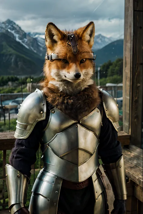 An anthropomorphic fox with realistic fur and a serious expression, wearing knight armor, standing proudly against a background of majestic mountains.