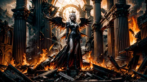 Ultra-detailed female archangel stands atop a pile of burning ruins, Long white hair, Her diabolical and insidious presence radi...