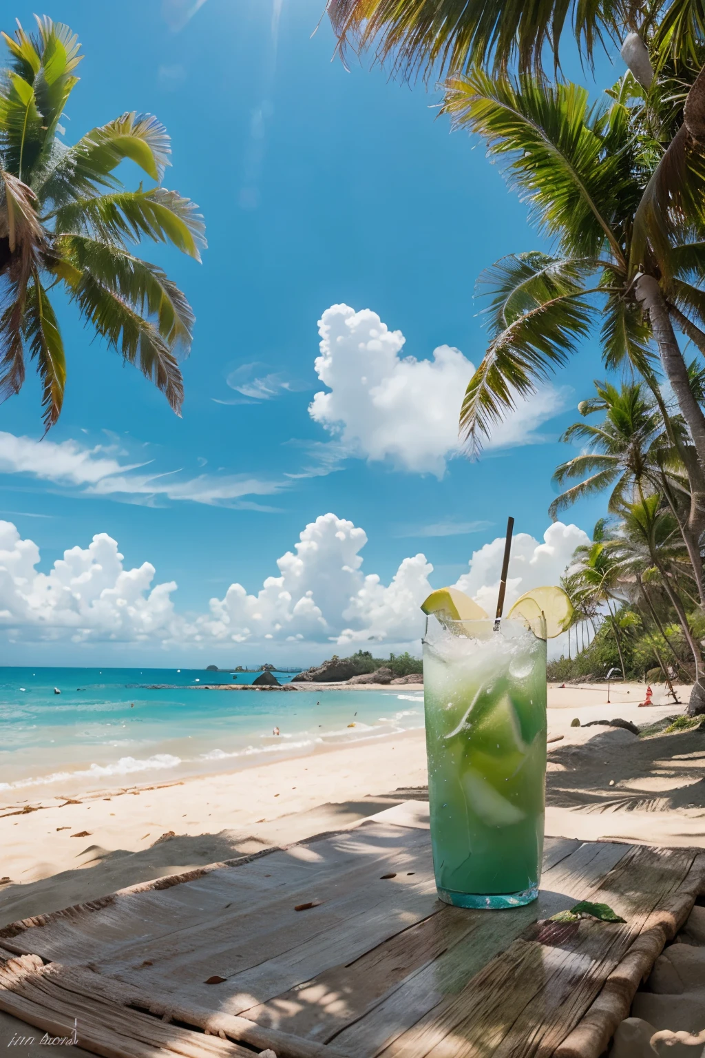 naturaleza + playa +  bebida refrescante + agua de coco + servida en un coco verde + sobre la arena + sol de medio dia + palmeras + orilla del mar + ilustracion tipo anime