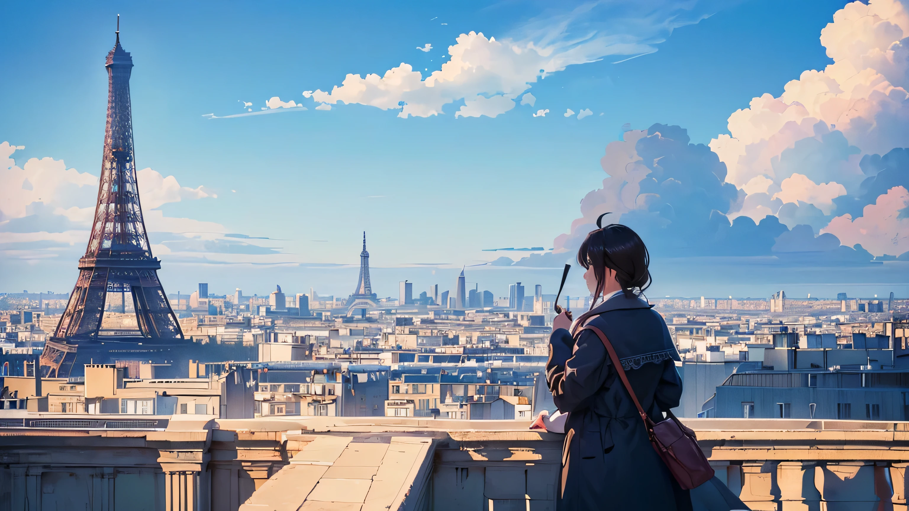 cidade de Paris, In the morning, Blue sky, Algumas nuvens, a Torre Eiffel como pano de fundo, Imagem de alta qualidade. | (((perfeito_Projeto, perfeito_Composition, perfeito_layout)), ((perfeito_detalhe, perfeito_textura)), (((perfeito_Composition, perfeito_Projeto, perfeito_layout, perfeito_detalhe)), ((ultra_detalheed, more detalhes, melhorar))).