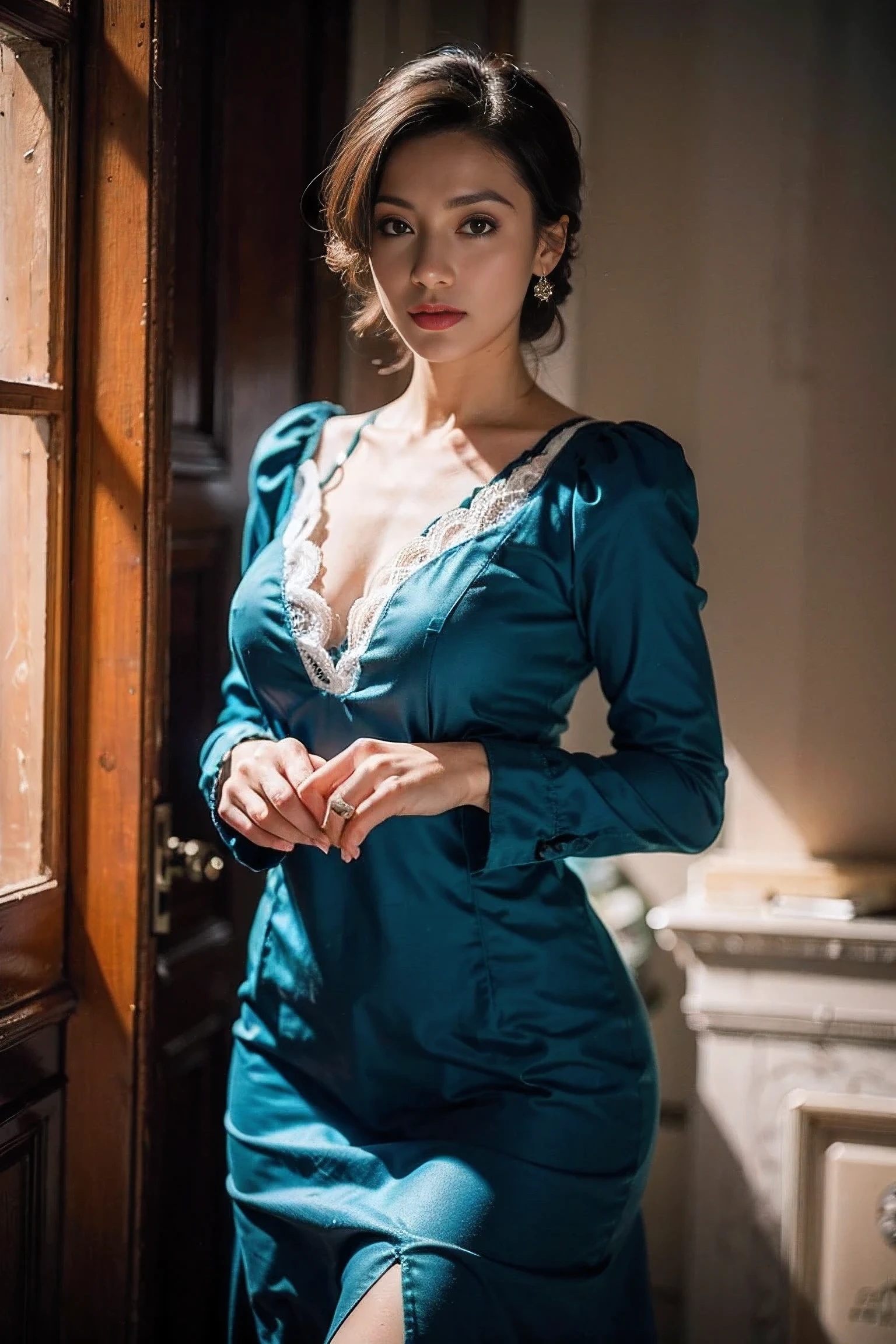 Realistic photography, The modern woman&#39;s sexy green Victorian dress.