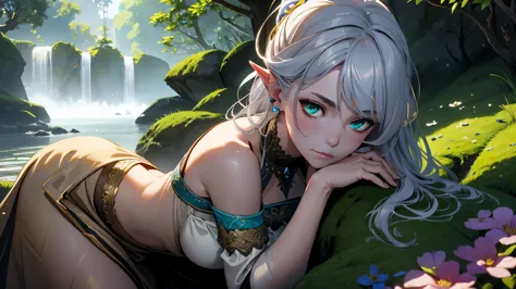 A beautiful girl (model), aged 17-19. She resembles Ciri from The Witcher 3, with silver hair and a slender figure. She has elve...