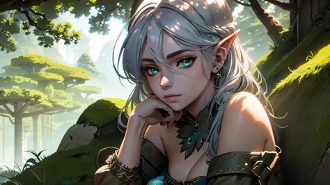 A beautiful girl (model) aged 17-19. She resembles Ciri from The Witcher 3, with silver hair and a slender figure. She has elven...