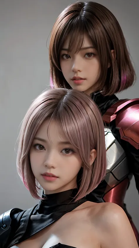 Photo of two realistic black Sazabi girls，Shortcut Bob Cut，I have a lot of hair，brown eyes，Hair color is bright pink，cool look，b...