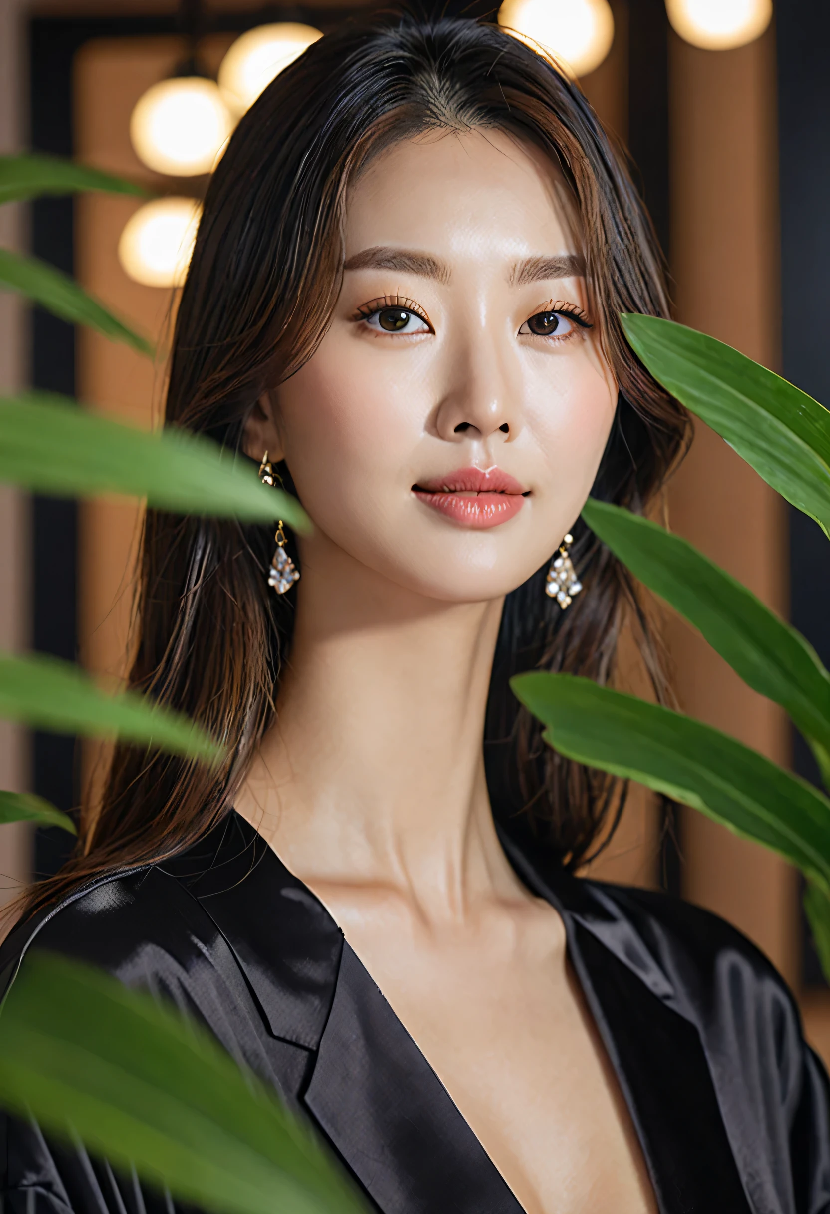 a korean woman in a black sheered robe posing for a picture, wearing edgTemptation , indoors, luxurious hotel, night, plants,smile, mixed Korean, background blur, focus, professional photography, dynamic angle shot, film grain, bokeh, ray tracing, dynamic lighting, tilt camera, from front shot, lens flare,
(((masterpiece))), ((best quality)), NSFW, ((intricate detailed)), ((realistic)), (50mm Sigma f/1.4 ZEISS lens, F1.4, 1/800s, ISO 100, photograpy:1.1), perspective,milf, mature woman, highly detailed, illustration, 1girl, big breasts, beautiful detailed eyes,long hair, bang, brown hair, brown eyes, black choker, earrings, detailed background, perfect eyes, seductive eyes, looking at the viewer, from front   