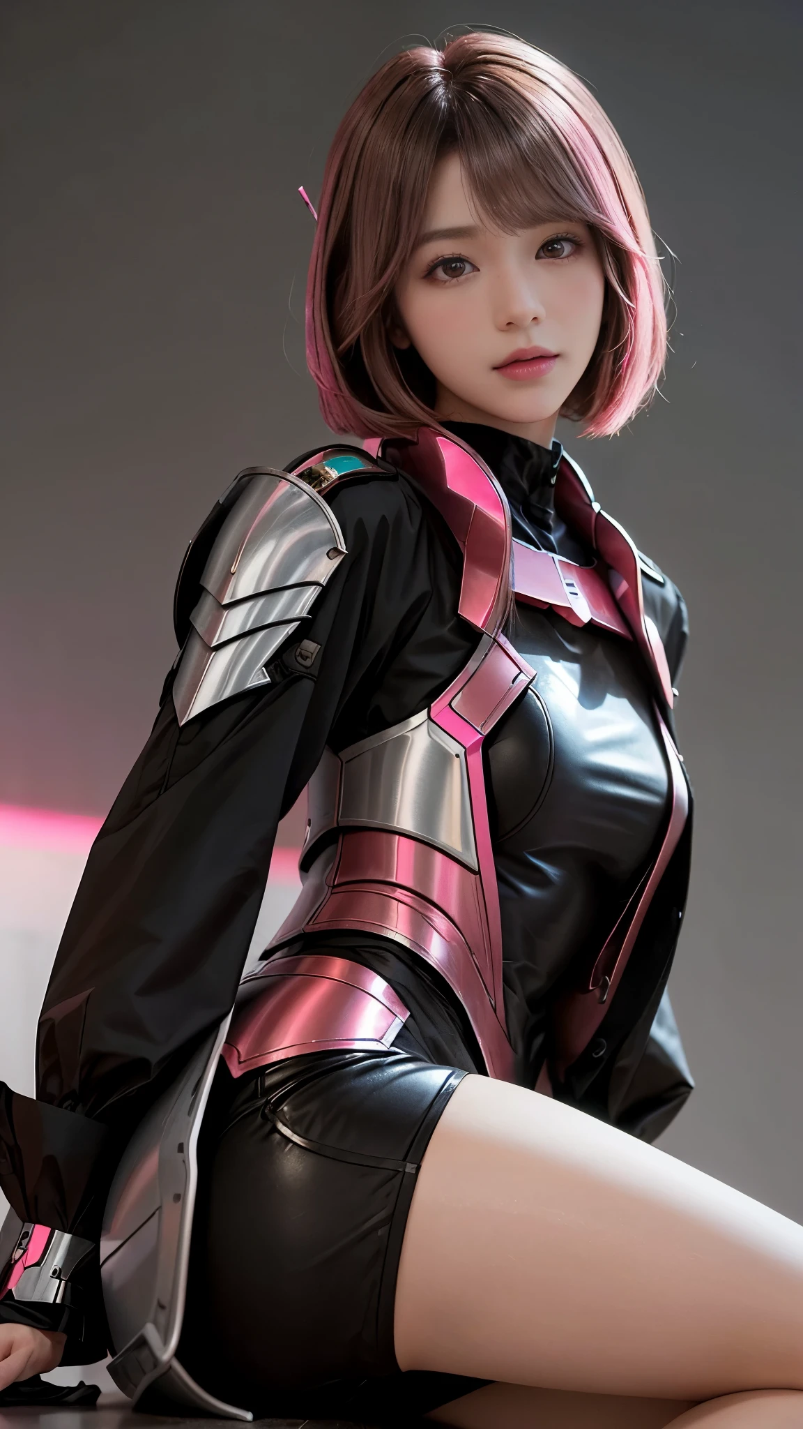 Photo of two realistic black Sazabi girls，Shortcut Bob Cut，I have a lot of hair，brown eyes，Hair color is bright pink，cool look，background is gray，16 year old daughter of Haman Khan and Char Aznable.