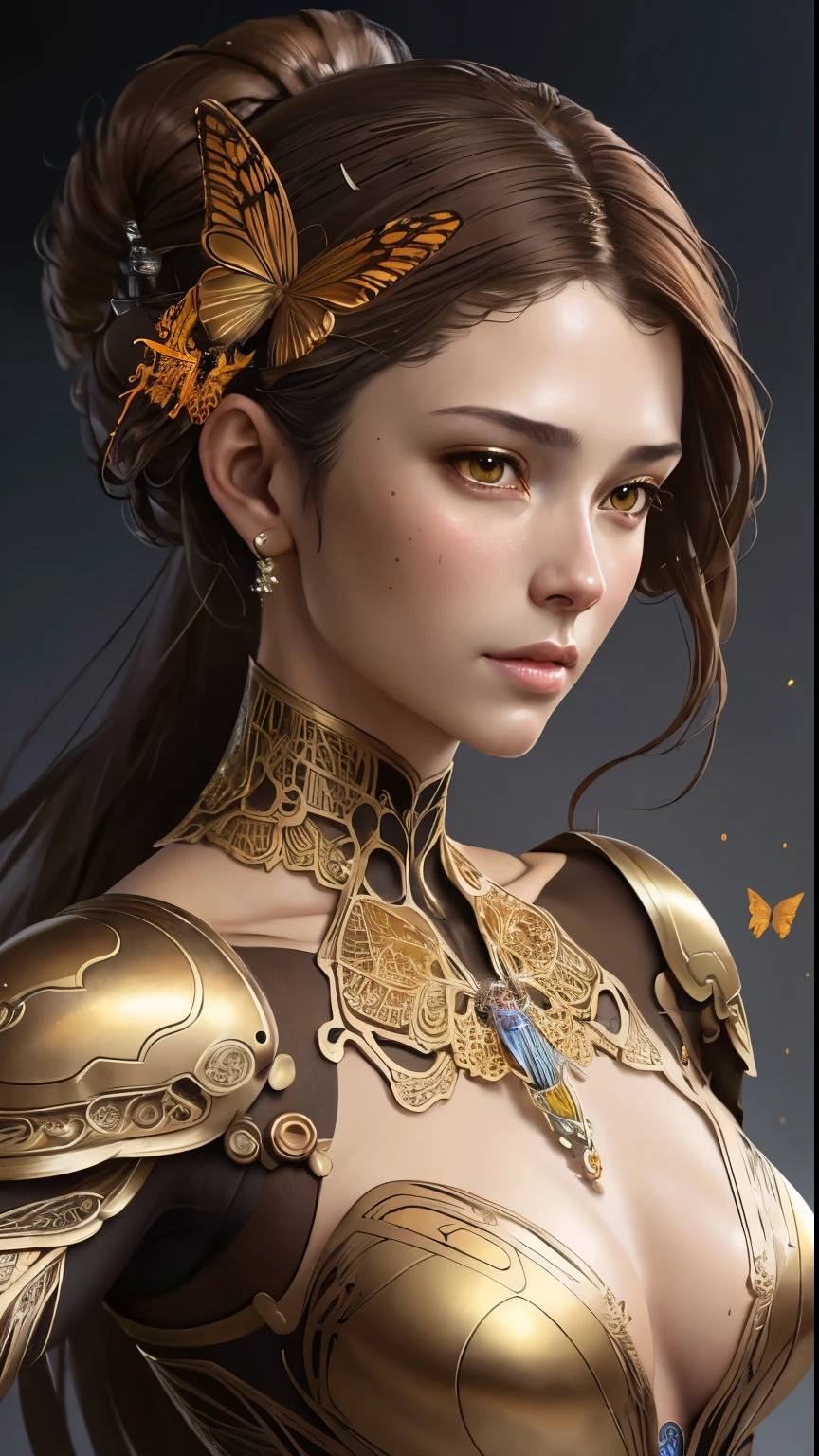 Retrato en 8k de un hermoso cyborg con cabello castaño, Intrincado, elegant, muy detallado, majestuoso, Fotografía digital, arte de artgerm y ruan jia y greg rutkowski pintura surrealista filigrana de mariposa dorada, Pieza de vidrio rota, iluminación lateral, hermosos ojos finamente detallados: 1.2), hdr, 