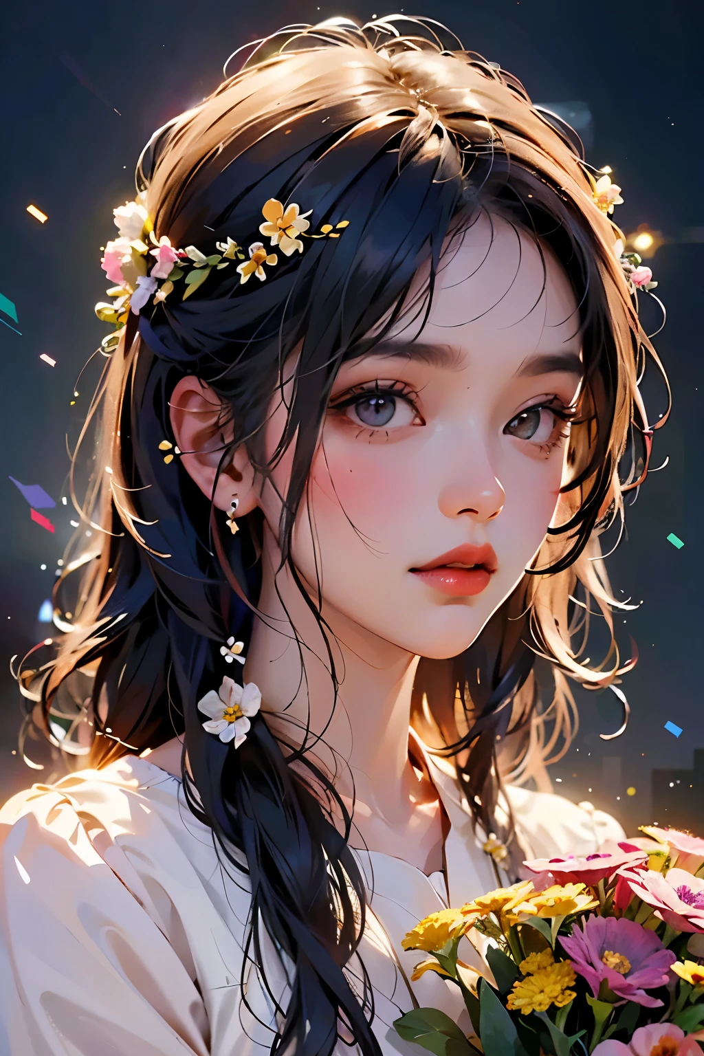 Absurd, A high resolution, ultra detailed, (ultra-detailed background, detailed background), extremely detailed, 1 girl, bouquet of flowers, (confused:1.2), (geometric:1.2),