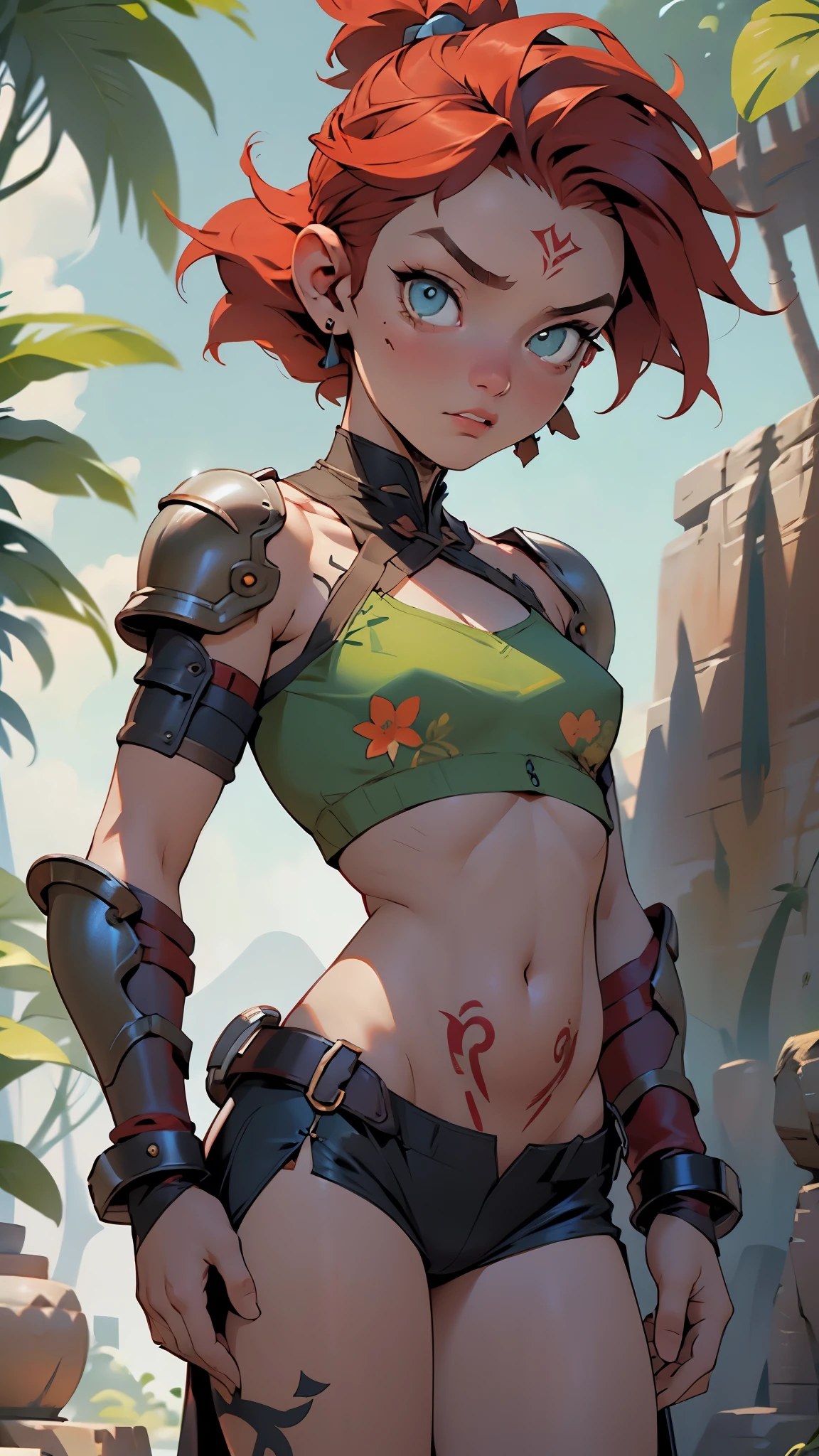 A woman in a bikini and armor standing in front of a jungle - SeaArt AI