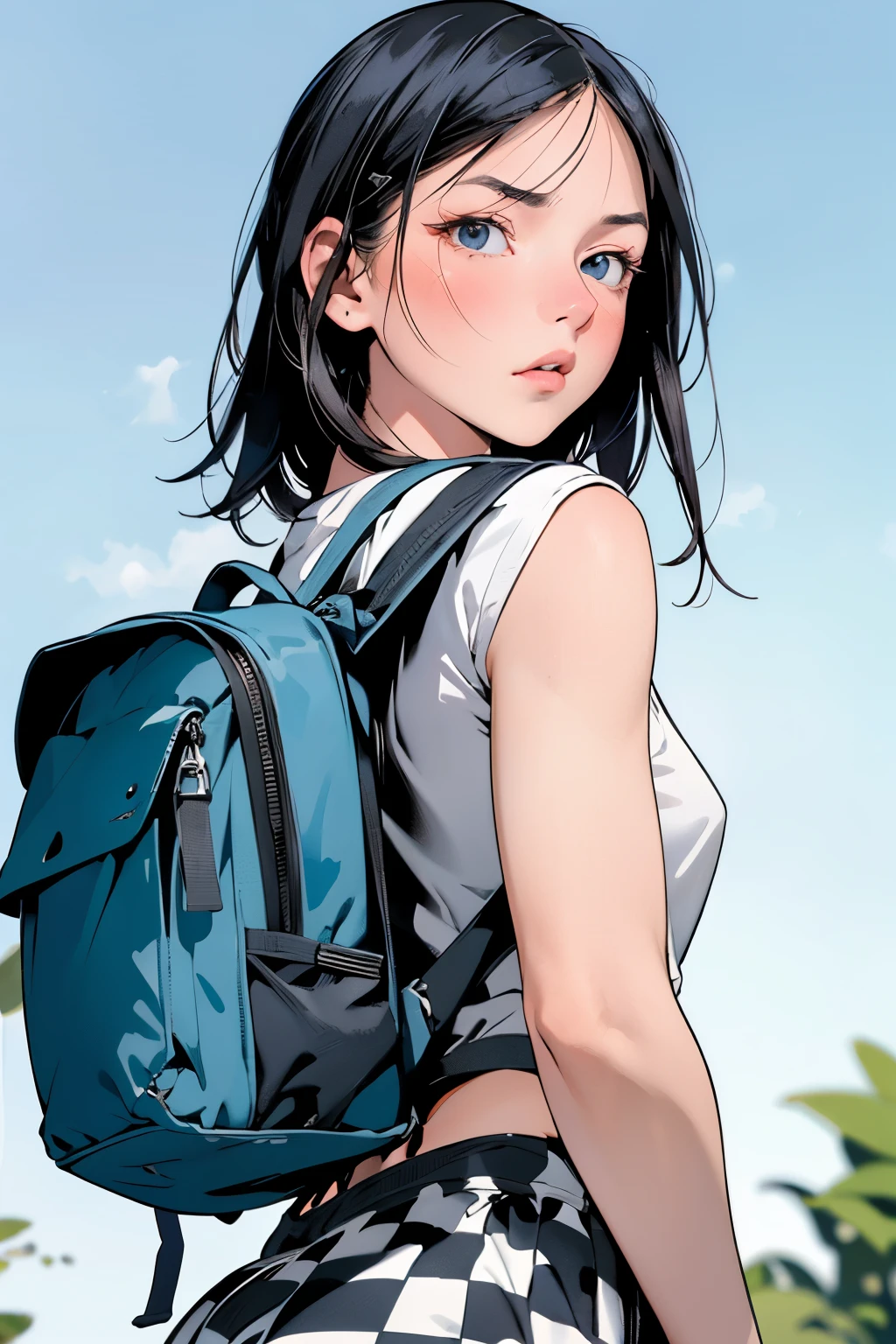 The girl was wearing a T-shirt, a checkered skirt, and a backpack, and her skirt got caught in the backpack and rolled up. When she turns around, blue eyes, blue sky, blush: 1.1, disgusted face: 1.0