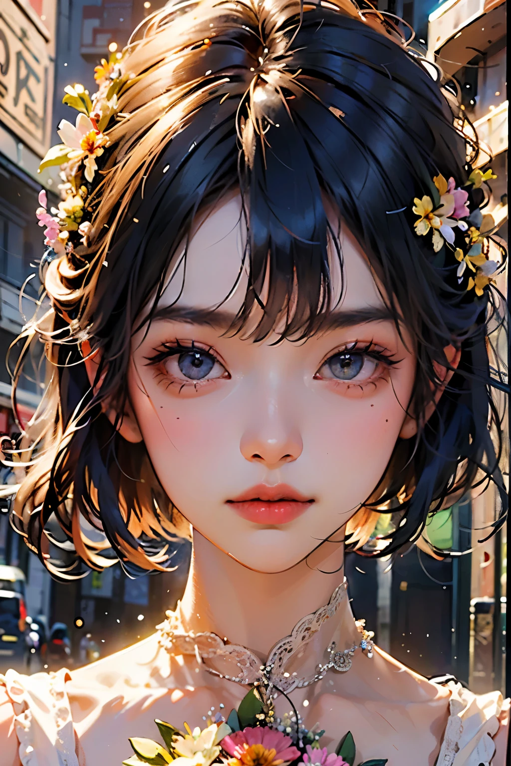 Absurd, A high resolution, ultra detailed, (ultra-detailed background, detailed background), extremely detailed, 1 girl, bouquet of flowers, (confused:1.2), (geometric:1.2),