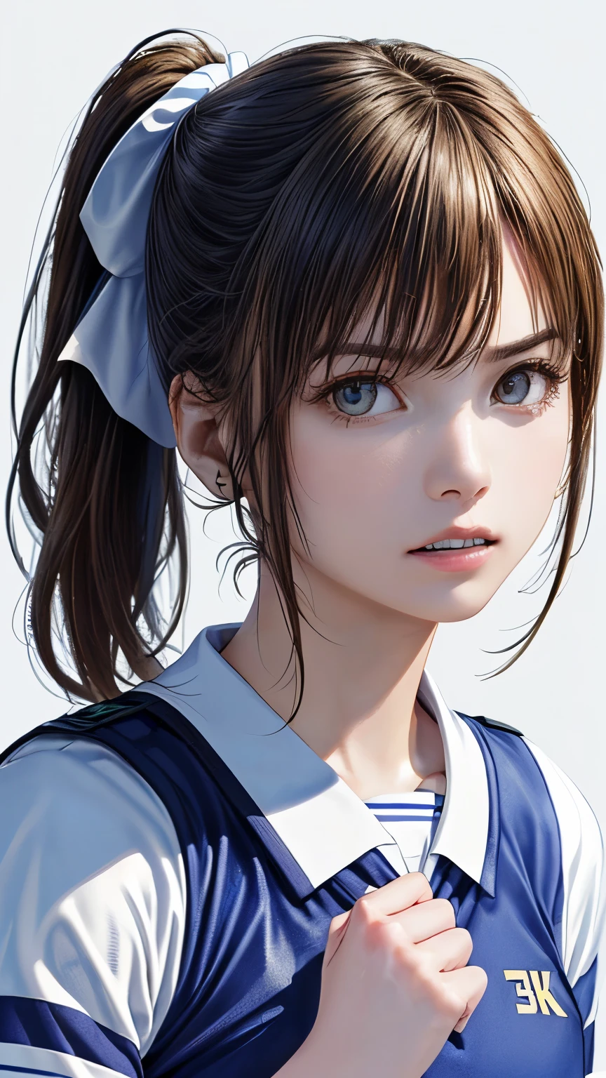 (highest quality、8k、32K、masterpiece)、(realistic)、(Photoreal:1.2)、(High resolution)、Super detailed、very beautiful face and eyes、1 girl、round and small face、thin waist、delicate body、(close、highest quality、high detail、rich skin details)、(highest quality、8k、oil paint:1.2)、Super detailed、(realistic、realistic:1.37)、bright colors、(((I&#39;m blonde)))、(((bust shot)))、(((medium hair、blonde hair)))、(((pure white wall background)))、(((wearing a blue and white uniform)))、(((blue and white uniform)))、(((pure white wall background)))、(((Wearing a football uniform)))、(((Ｖneck uniform)))、(((stripes々Patterned uniform)))、(((I&#39;m irritated)))、(((I am clenching my fist in front of my body.)))、(((teeth visible)))、(((wearing a soccer uniform)))、(((A short-sleeved uniform)))、(((There are numbers written on the uniform.)))、(((Side ponytail hair)))