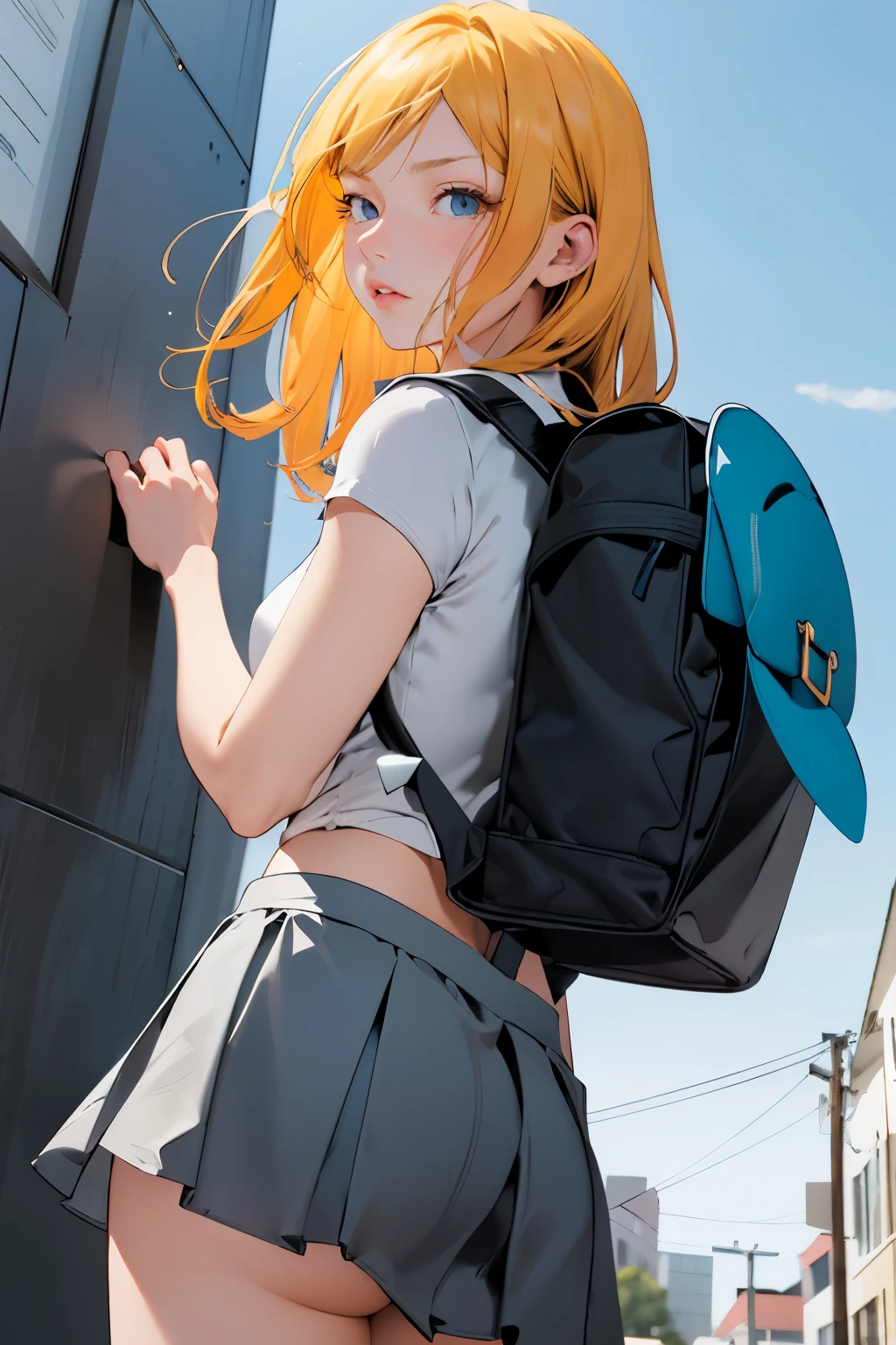 A girl wearing a T-shirt, a flared skirt, and a backpack, her skirt flips up: 1.5, When she turns around, she sees blue eyes, a blue sky, blushing: 1.1, a disgusted face: 1.0