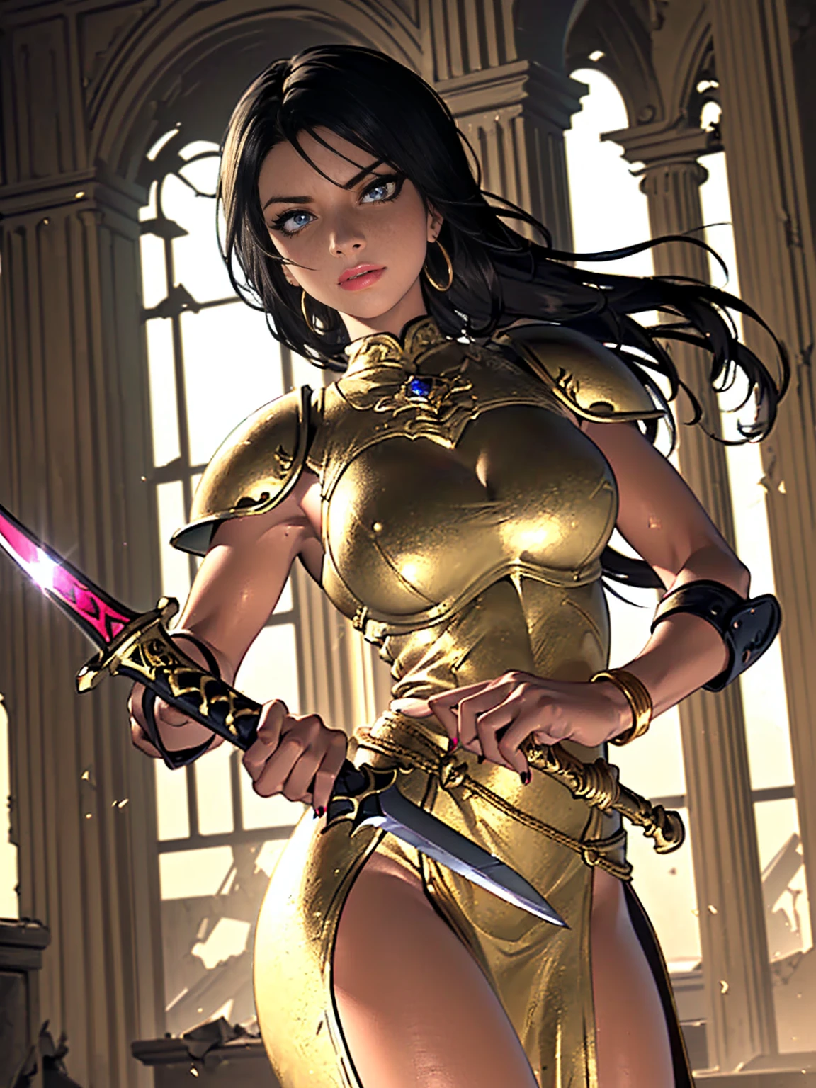 ((1girl, solo ,alone, shoko_sugimoto, black eyes, long hair, black hair, standing, fitness body), painted nails, gold bracelets, ruby earrings)), ((pink lipstick, Extremely detailed, ambient soft lighting, 4k, perfect eyes, a perfect face, perfect lighting, a 1girl)), ((female knight, golden armor, full armor, shining with sunlight, deep green and detailed eyes, expression of determination, wielding the legendary sword, legendary knight clothes in white and gold tone, staring at the viewer, a golden aura that surrounds the entire image, background being a destroyed scenery, ruins, graceful columns, fitness))