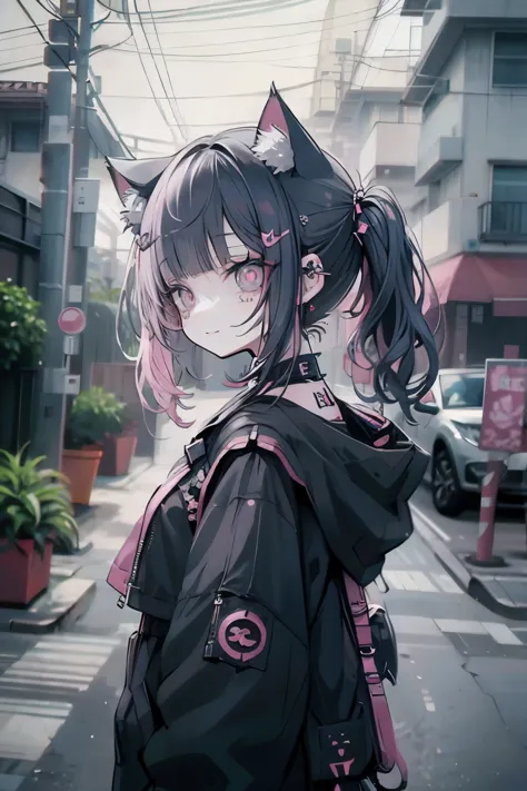 Beautiful woman pink twin tail long hair、cyberpunk style short clothes、Putting on cat ears、gazing at viewer、front facing、A sligh...