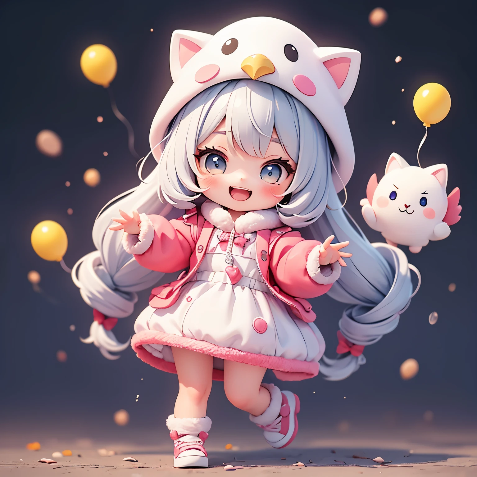 fullbody Les personnages sourient de manière ludique et se mouillent, Le personnage joint les mains en signe de supplication. , fille de dessin animé dans un costume de poulet avec un chapeau et une main, autocollant kawaii le plus mignon de tous les temps, art numérique mignon, Fille Chibi, Style animé mignon, joli art numérique détaillé, anime chibi, Jolie fille animée, Fille animée Chibi, ruan mignon vtuber, illustration d&#39;autocollant, plastican00d, A girl tenant des fleurs, Cheveux d&#39;un blanc éclatant, ballons colorés flottant dans le ciel, prairie, mignon chaton moelleux qui court, dansant, tenant des fleurs, heureux, heureux, qualité parfaite, Mise au point claire (Clutter-Maison: 0.8), (chef-d&#39;œuvre: 1.2) (réaliste: 1.2) (bokeh) (meilleure qualité) (peau détaillée: 1.3) (Détails complexes) (8k) (yeux de détail) (netteté), (heureux), 1fille, chibi, ambre, Forets jumelés, brun moyen, tissus de luxe, tramage, De grande envergure,regarder le spectateur, fond rayé