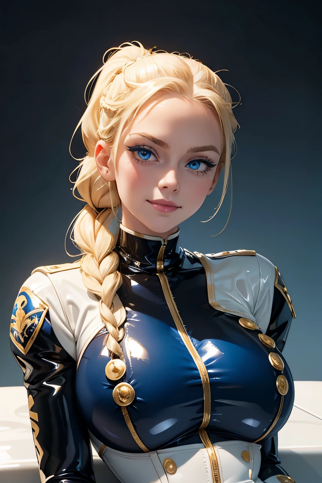 blonde, very long ponytail, French braid through ponytail, white latex with gold trim, skin tight latex, huge , massive , even bigger , bright blue eyes, high quality eyes, sitting, smile, glazed, empty, soulless, head tilt, buttons,