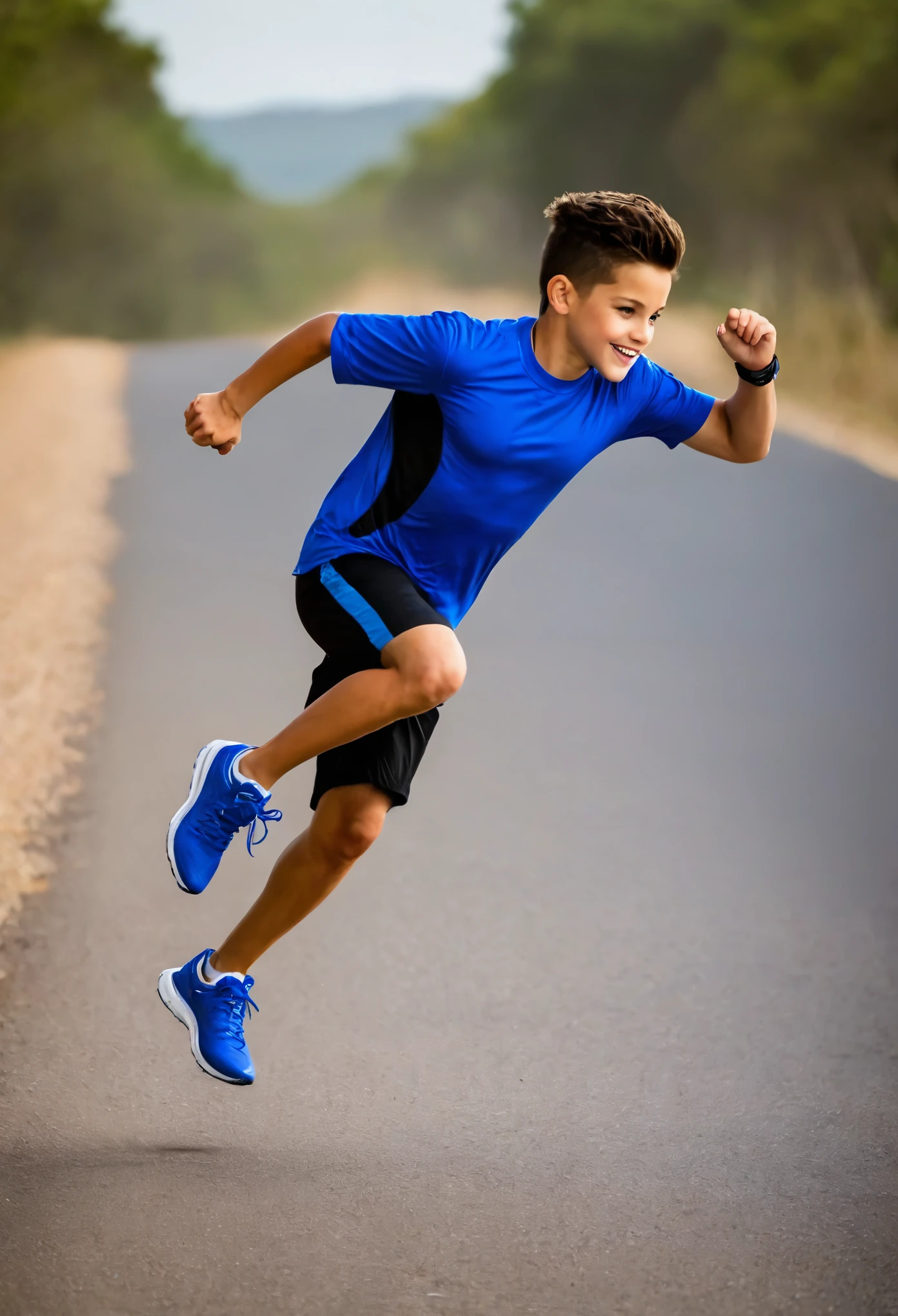 Niño arafed corriendo por una carretera con una camisa azul y pantalones  cortos negros. - SeaArt AI