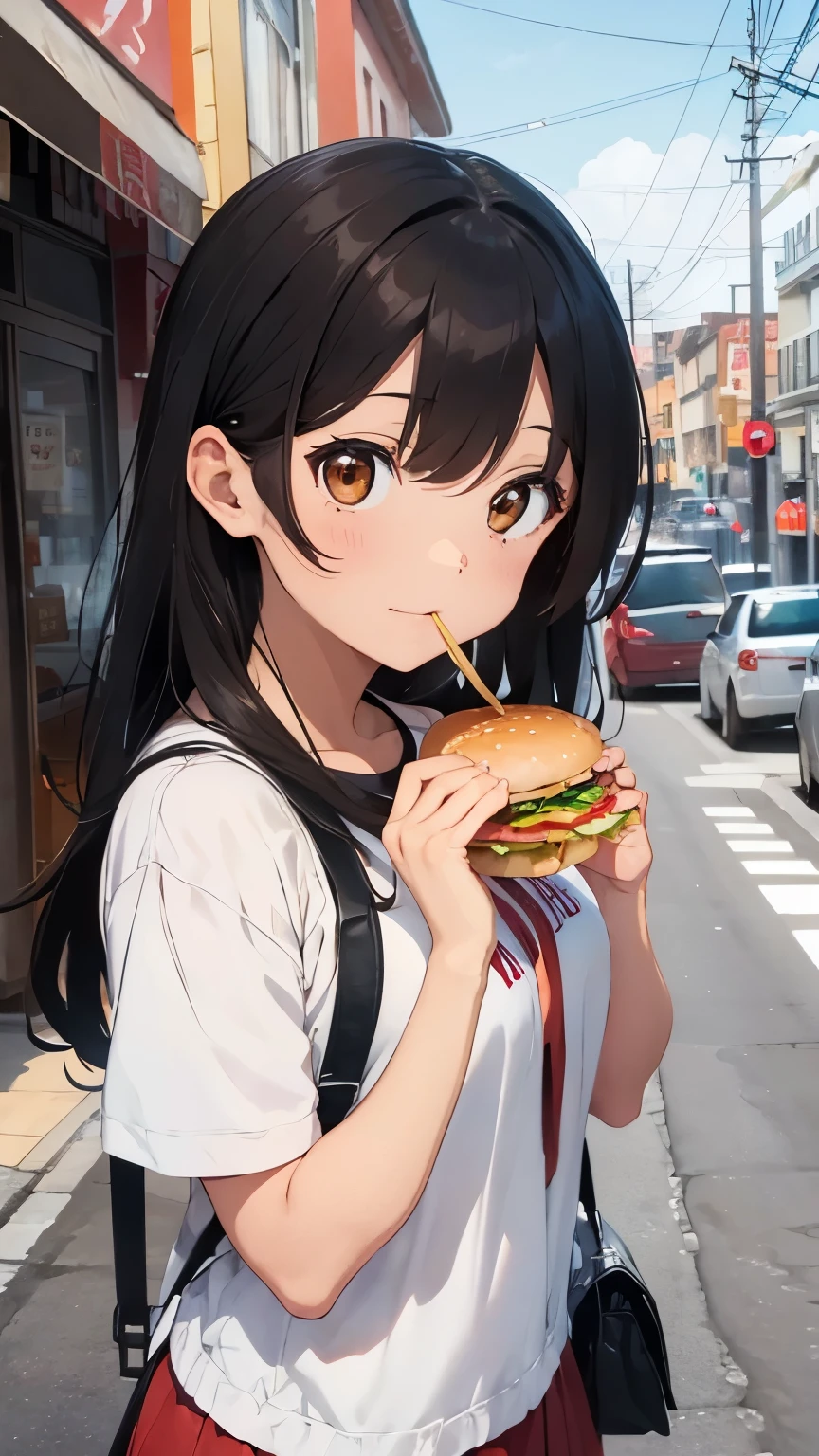 Garota de anime comendo um sanduíche na rua com carros ao fundo - SeaArt AI