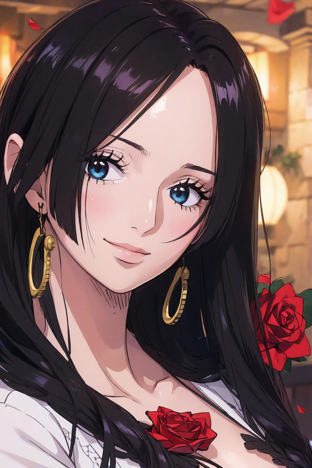 best quality, masterpiece, highly detailed,1girl,  ((rose)), (vine), cage, bandage, red rope, (detail light), falling rose petals, Boa Hancock,, (masterpiece:1.5), Detailed Photo, Smiling,(8K, Photorealistic, Best Quality: 1.4), (1girl), Beautiful Face, (anime realistic Face), (Black Hair, long Hair: 1.3), Beautiful Hairstyle, Realistic eyes, beautiful detail eyes, (realistic skin), beautiful skin, (sweater), absurd, attractive, ultra high resolution, ultra realistic, high definition, golden ratio,