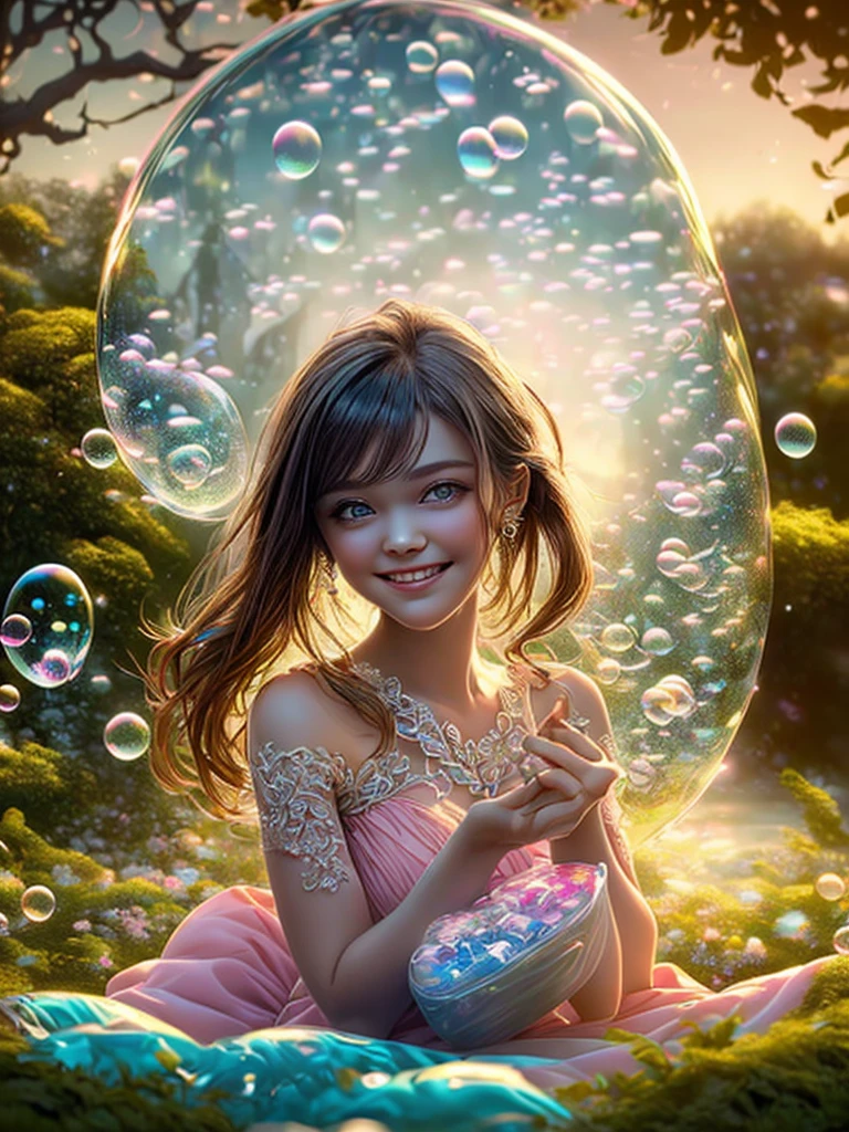 (裁剪後的個人資料照片), ((1 個美麗的年輕女子坐在粉紅色枕頭上的肥皂泡內, 飞越美丽而神奇的童话城市: 1.4)), (超詳細: 1.3), ((衣服 精致的连衣裙，配以花朵装饰: 1.4)), ((日落 background below a beautiful fairy tale landscape: 1.3)), ((富有想像的場景)), ((完美的, 細緻入微的臉部和身體: 1.3)), ((遠射: 1.4 ) ),((最好的品質) ), ((傑作)), 3d , (((日落:1.2))), (逼真的:1.4) , ((前置鏡頭)), (开心地笑, 她的手放在肥皂泡里, 美丽的童话城让我惊讶:1.4), ((電影燈光: 1.2)), 32k.