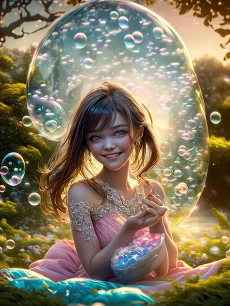 (cropped profile photo), ((1 beautiful young woman inside a soap bubble sitting on a pink pillow, flying through a beautiful and...