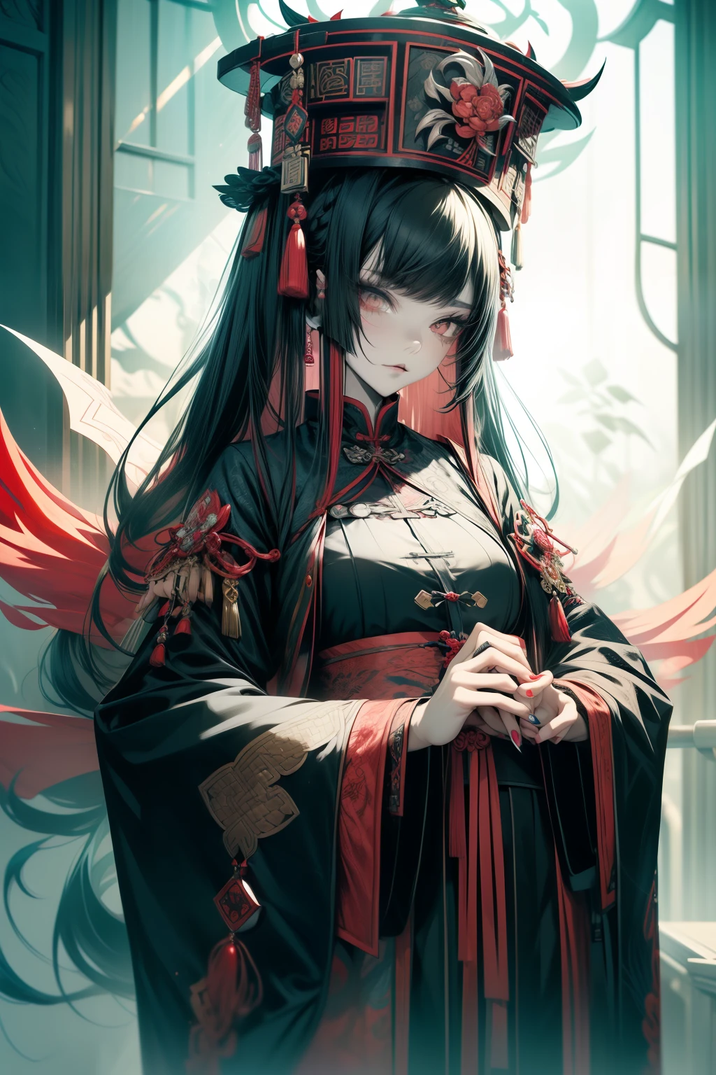 Chinese Gothic Punk、JIANGSHI style,Daughter of the Chinese emperor、Overwhelming intimidation、Emitting majesty from the whole body、Put your hands in your sleeves,(Comic Noir Style),(linear art_Anime),(solid color_highcontrast),(masutepiece, Best Quality, ),(Laura Bad Picture:1.2),(Lora Add Details:1.2),8K, Flat color:1.2,1girl in,JIANGSHI QUEEN SITTING ON A CRIMSON THRONE WEARING A HEAVY CLOAK,JIANGSHI,BEAUTY JIANGSHI、Very long hair、Chinese Opera style makeup,Luxurious costume with beautiful embroidery_Dragon and phoenix embroidery:1.2,(lora:add more detail:1.2)，beautiful hands，hands on hip