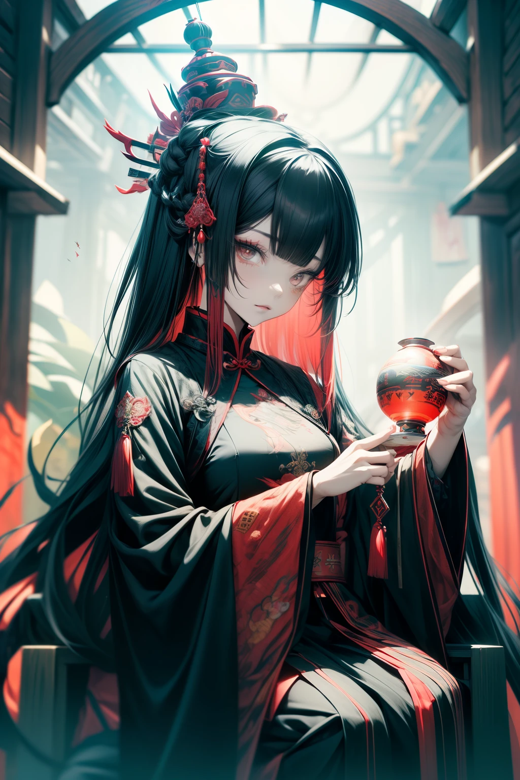 Chinese Gothic Punk、JIANGSHI style,Daughter of the Chinese emperor、Overwhelming intimidation、Emitting majesty from the whole body、Put your hands in your sleeves,(Comic Noir Style),(linear art_Anime),(solid color_highcontrast),(masutepiece, Best Quality, ),(Laura Bad Picture:1.2),(Lora Add Details:1.2),8K, Flat color:1.2,1girl in,JIANGSHI QUEEN SITTING ON A CRIMSON THRONE WEARING A HEAVY CLOAK,JIANGSHI,BEAUTY JIANGSHI、Very long hair、Chinese Opera style makeup,Luxurious costume with beautiful embroidery_Dragon and phoenix embroidery:1.2,(lora:add more detail:1.2)，beautiful hands