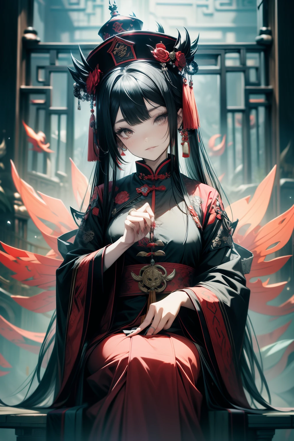 Chinese Gothic Punk、JIANGSHI style,Daughter of the Chinese emperor、Overwhelming intimidation、Emitting majesty from the whole body、Put your hands in your sleeves,(Comic Noir Style),(linear art_Anime),(solid color_highcontrast),(masutepiece, Best Quality, ),(Laura Bad Picture:1.2),(Lora Add Details:1.2),8K, Flat color:1.2,1girl in,JIANGSHI QUEEN SITTING ON A CRIMSON THRONE WEARING A HEAVY CLOAK,JIANGSHI,BEAUTY JIANGSHI、Very long hair、Chinese Opera style makeup,Luxurious costume with beautiful embroidery_Dragon and phoenix embroidery:1.2,(lora:add more detail:1.2)，beautiful hands