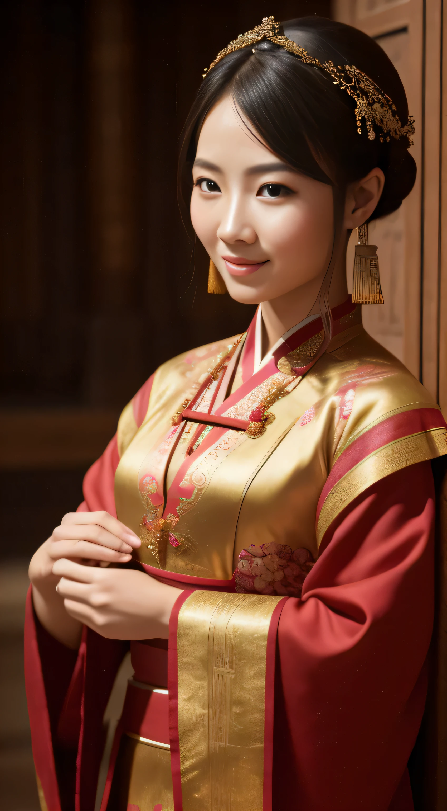 A high quality, octane rendered image of a charming solo female figure named Feiyufu, set in an epic, cinematic ancient China environment. The Ultra HD image showcases a depth of field effect, highlighting the cute and delicate features of her face. Her smile adds an enchanting touch to the scene. The detailed texture and intricate patterns of her clothing stand out against the background, which is filled with elements reminiscent of ancient Chinese culture. The overall composition exudes an aura of antiquity and mystery, making it a true masterpiece.