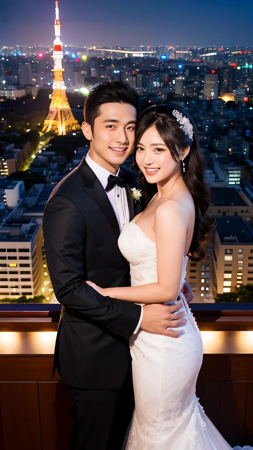 A handsome man and beautiful woman get married. Both are in their early twenties. The two looked at the camera with smiles on their faces. Japan. Tokyo Tower Panorama. night view. whole body. wide angle, best quality, Excellent details, ultra high resolution