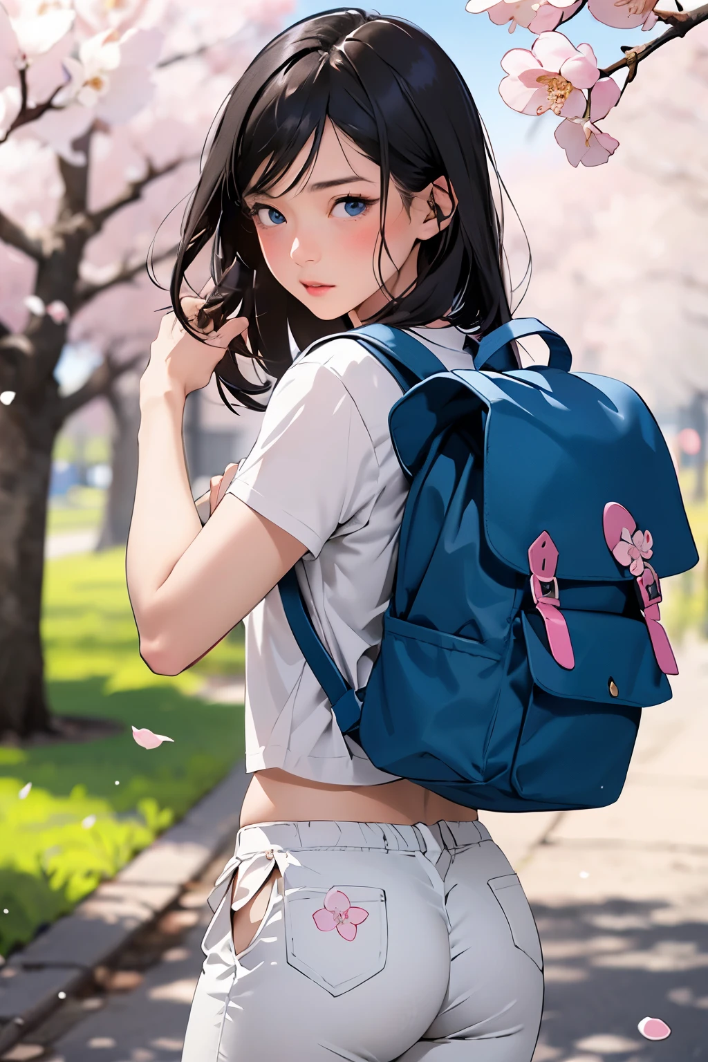 T-shirt and flared skirt, skirt flip: 1.9, girl carrying a backpack, when she turns around, blue eyes, blue sky, blush: 1.1, disgusted face: 1.0, cherry blossom trees, background blur, white frilly pants