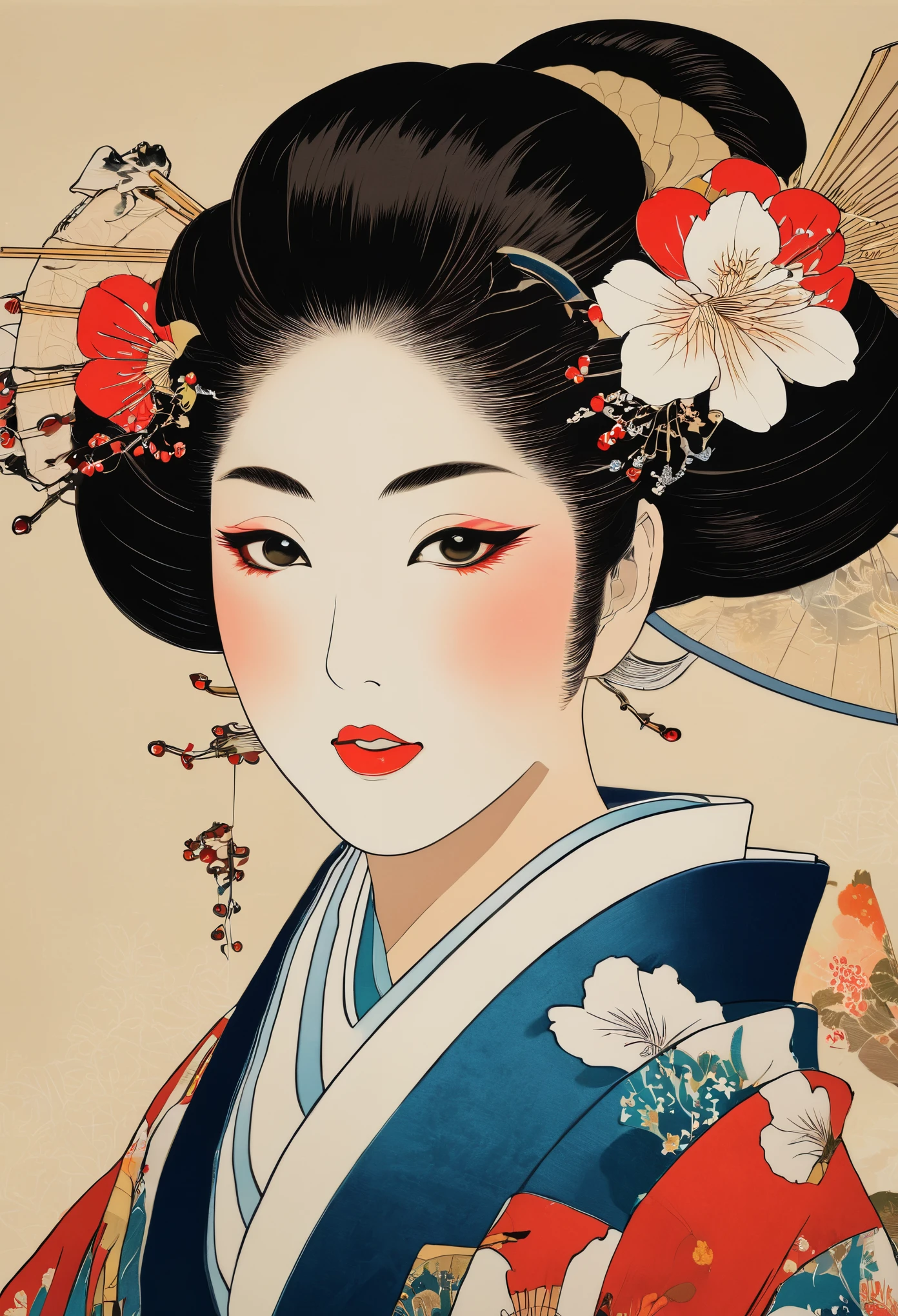 (masseter membrane、top quality、Ukiyo-e style、mystery、Exquisite and beautiful、official art、Sharaku:1.2)、(1 girl in:1.3)、(Fractal art:1.3)、cowboy shooting、White skin、(beautiful brunette、kimono:1.2)、Set against the backdrop of traditional Japanese performing arts、rich and colorful、(reel、Belongs to Japanese style:1.2)、