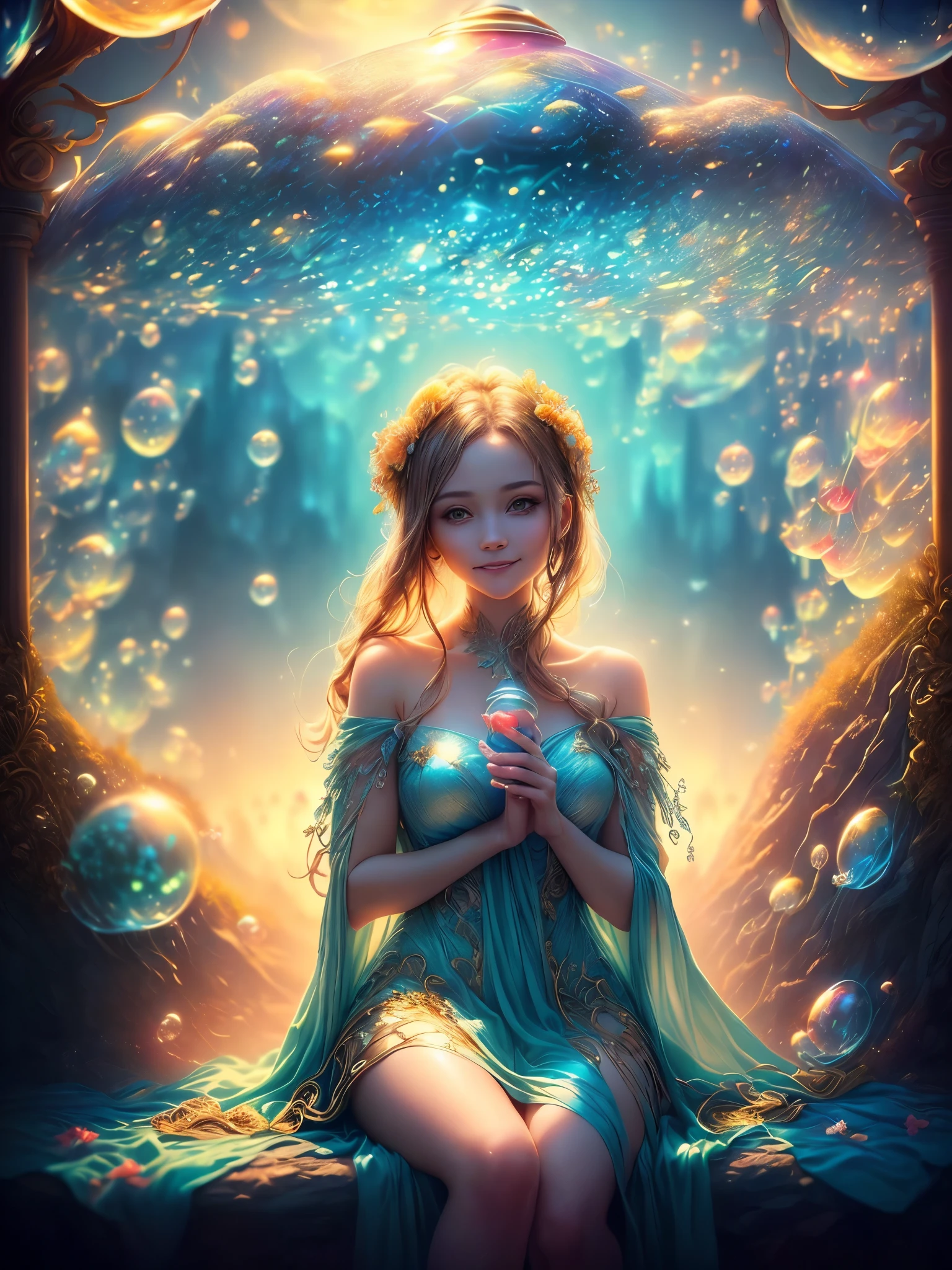 (cropped profile photo), ((1 beautiful young woman inside a soap bubble: 1.5)), sitting on a pink pillow, ((flying through a beautiful and magical fairy tale city: 1.4)), (hyper detailed : 1.3), ((clothes delicate dress with flower decorations: 1.4)), ((sunset background below a beautiful fairy tale landscape: 1.3)), ((Imaginative scene)), ((Perfect faces and bodies, meticulously detailed: 1.3)), ((far shot: 1.4)),((best quality)), ((masterpiece)), 3D, (((sunset:1.2))), (photorealistic:1.4), ((front camera)), (smiling happily, with her hands resting inside the soap bubble, surprised by the beautiful fairy city:1.4), ((Movie lighting: 1.2)), 32k.