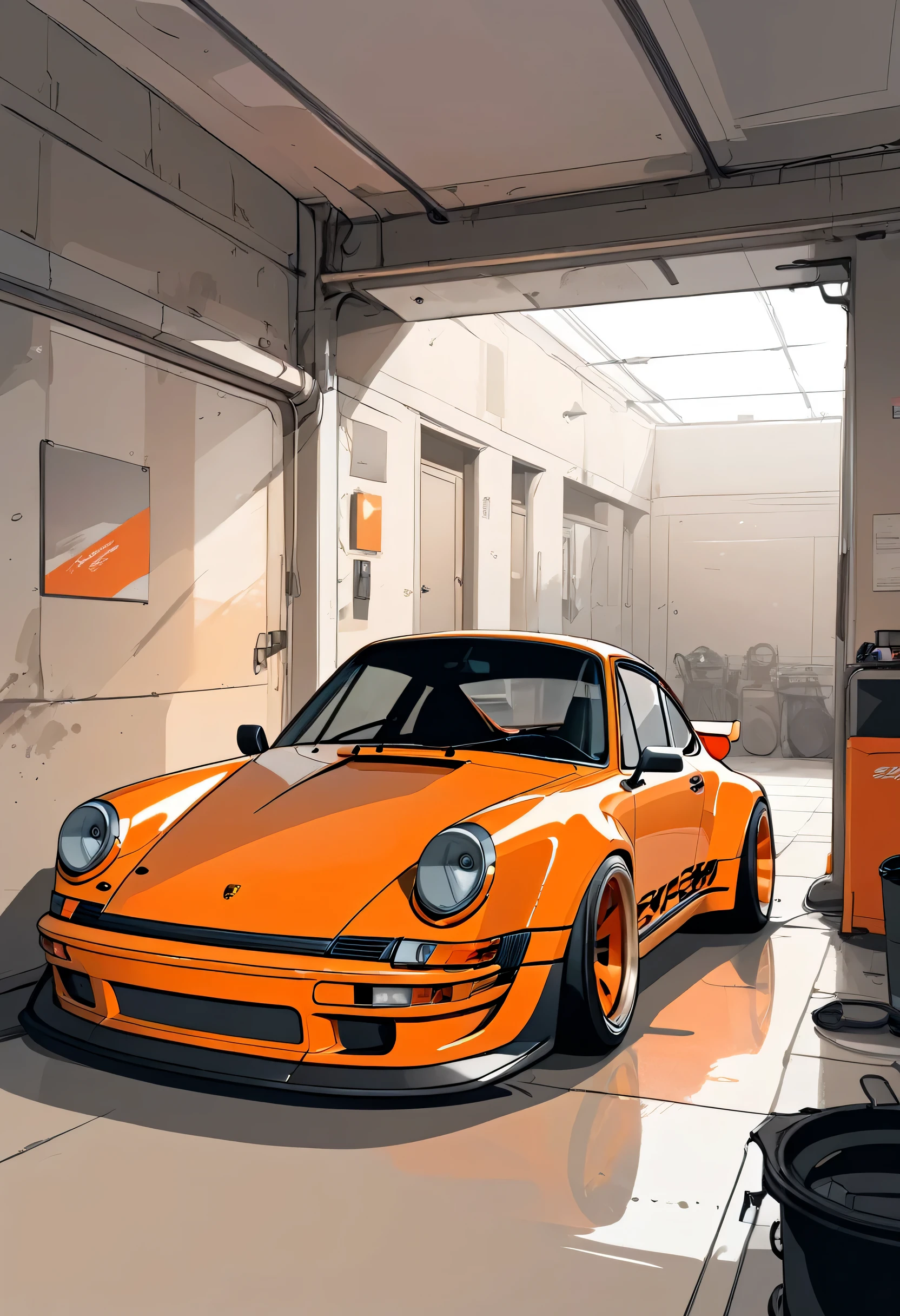 Un Porsche 911 rwb.， minimalista, desarticulado,editor， ilustración ，beige oscuro y naranja 