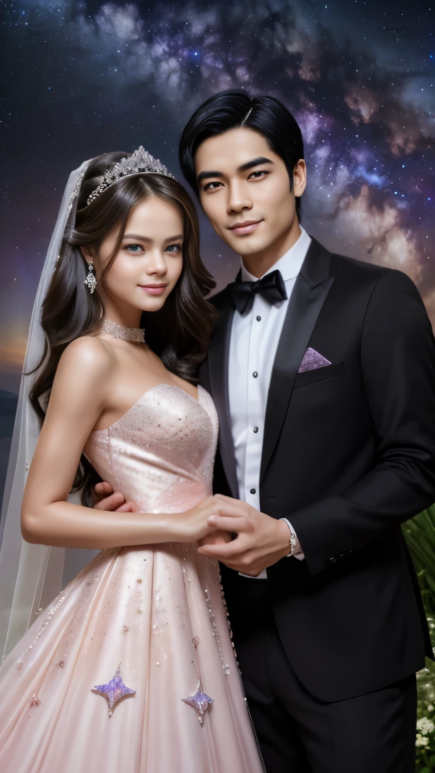 (A hesome man e beautiful woman get married in the award-winning photo. oriental. Cabelo preto. Ambos têm vinte e poucos anos. Os dois olharam para a câmera com sorrisos no rosto ((facial e body characteristics that is similar to Kristina Pimenova))), detalhado, ultra-realistic features of her pale skin e (slender e athletic body), e (simétrico, realistic e beautiful face), Anatomicamente correto, obra de arte, (realista:1.4), 8K, ultra-alta definição. Retiro de Poeira de Estrelas Cósmicas, Nuvens de poeira de estrelas no céu, Cosmic purples e pinks, Vestido de estilo celestial, acessórios de poeira de estrelas, Penteado elegante de poeira de estrelas, Pose de observação de estrelas de fantasia, Fundo de poeira de estrelas no céu, Câmera SLR digital com função de foco suave.