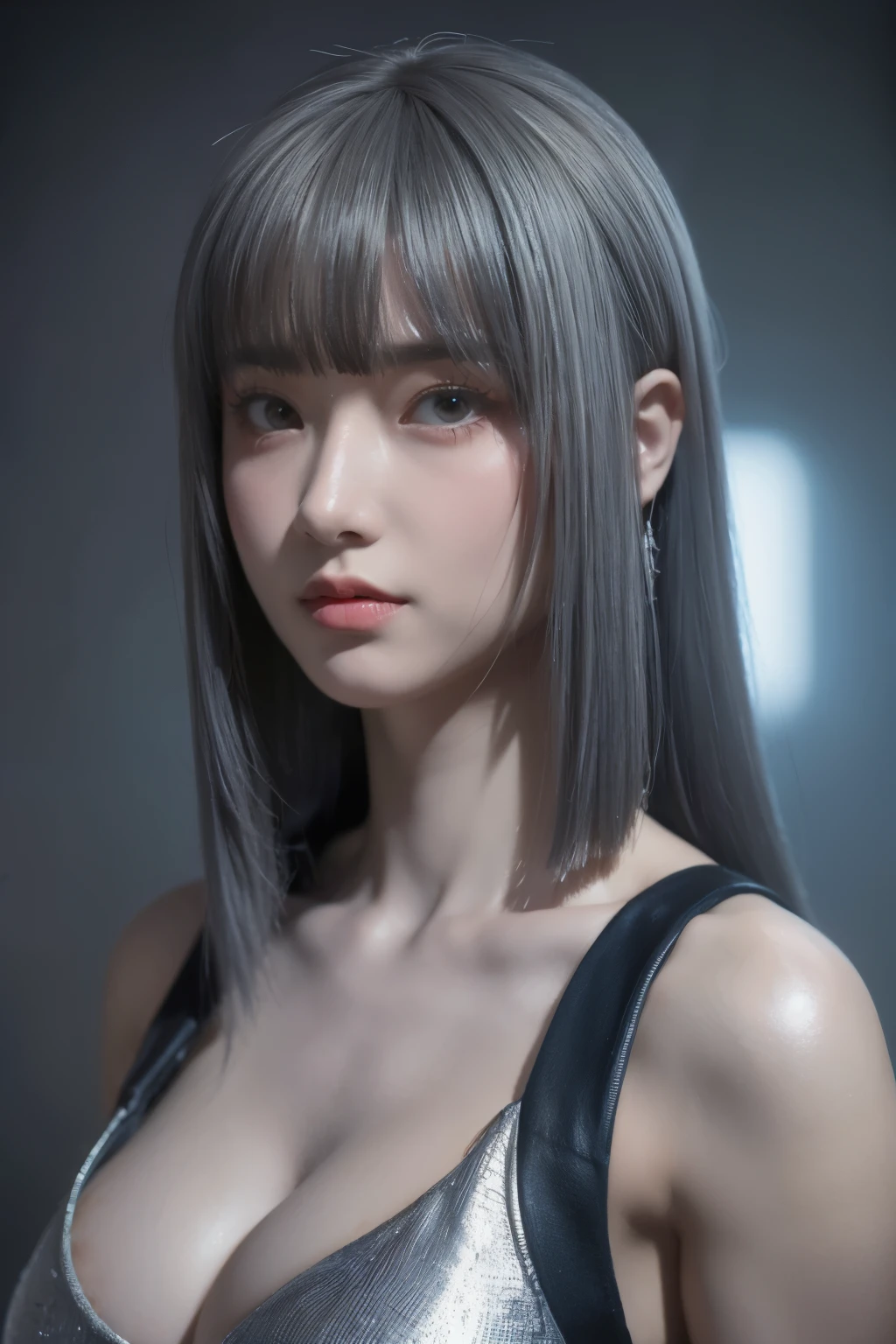 Masterpiece,Game art,The best picture quality,Highest resolution,8K,(Portrait),Unreal Engine 5 rendering works,(Digital Photography),((Portrait Feature:1.5)),
20 year old girl,Short hair details,With long bangs,(The red eye makeup is very meticulous),(With long gray hair:1.4),(Large, full breasts),Elegant and noble,Brave and charming,
(Future armor combined with the characteristics of ancient Chinese armor,Hollow design,Power Armor,The mysterious Eastern runes,A delicate dress pattern,A flash of magic),Warrior of the future,Cyberpunk figures,Background of war,
Movie lights，Ray tracing，Game CG，((3D Unreal Engine))，OC rendering reflection pattern