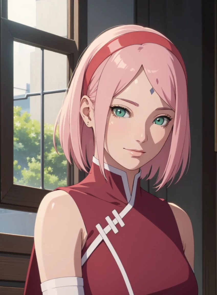 film movie still、1girl in、It's standing、24 years、pale-skinned、innocent smiles、white stockings、((A detailed face))、(Detailed skin)、Moist with intricate details、Shallow depth of field、[volume fog、shot at 8k resolution、Sakura Haruno, A pink-haired,short detailed hair, Red headband, red dress, Green eyes，Close-up, upper body