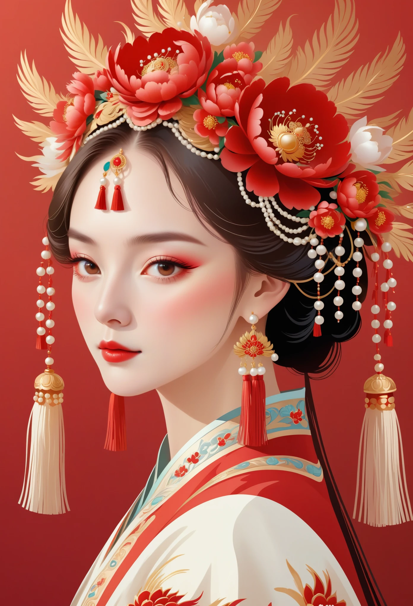 flat，vector，Meticulous，Simple lines，beautiful girl，portrait，Phoenix crown，Tassel headdress，Crown of pearls，Red， Peony background，round background
