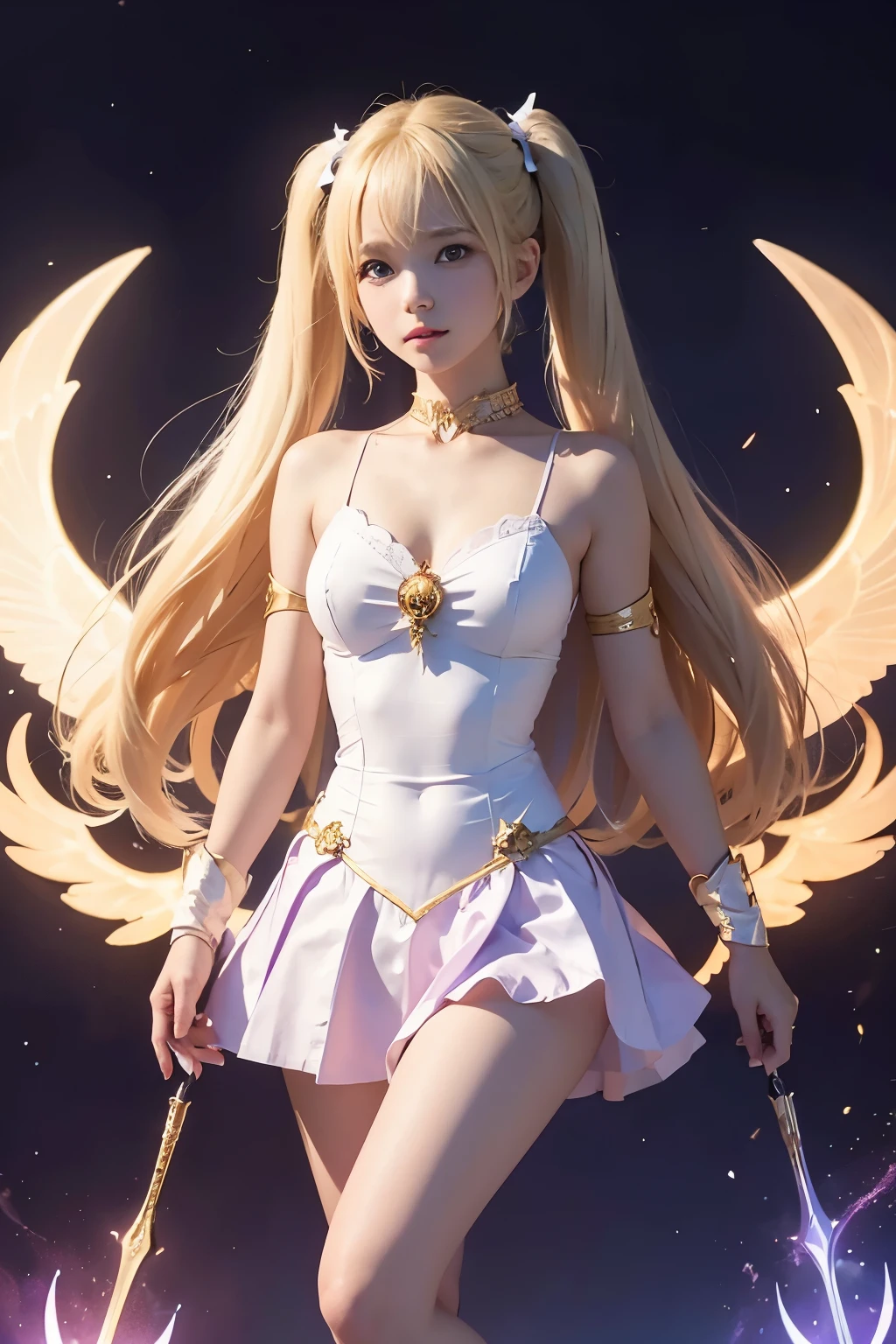 1 magical girl, (Highly detailed CG Unity 8k wallpaper), the most beautiful works of art in the world, magical girl girl, , blonde, twin tails, slim and young body, white skin, Clothes with protruding shoulders,  with beautiful face, light purple wizard&#39;s clothes, shine, Surrounded by fantastic light, dark purple dark background, fantastic background, looking at the viewer, fantasy, cinematic lighting