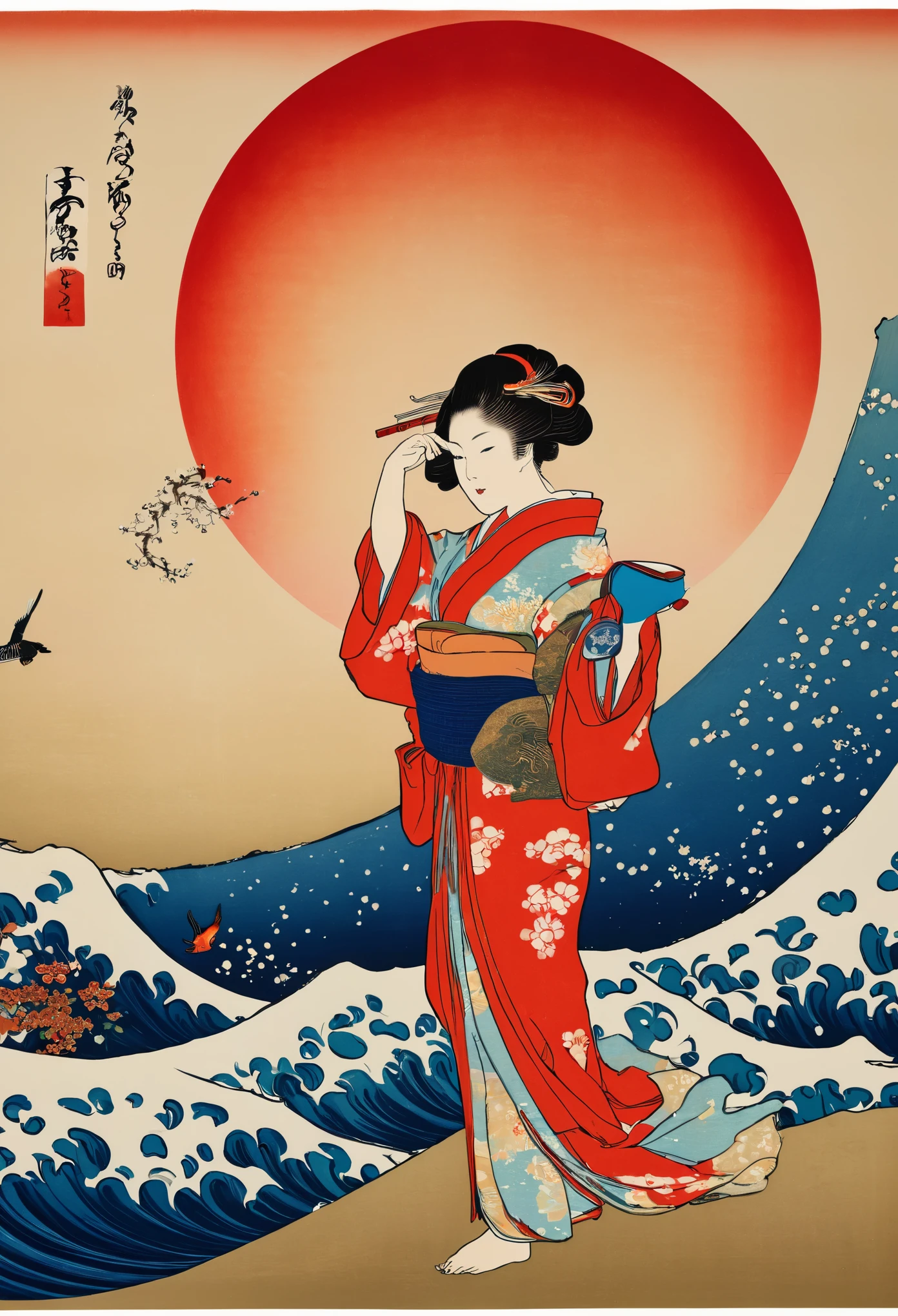 (masseter membrane、top quality、Ukiyo-e style、mystery、Exquisite and beautiful、official art、Sharaku:1.2)、(1 girl in:1.3)、(Fractal art:1.3)、cowboy shooting、White skin、(beautiful brunette、kimono:1.2)、Set against the backdrop of traditional Japanese performing arts、rich and colorful、(reel、Belongs to Japanese style:1.2)、