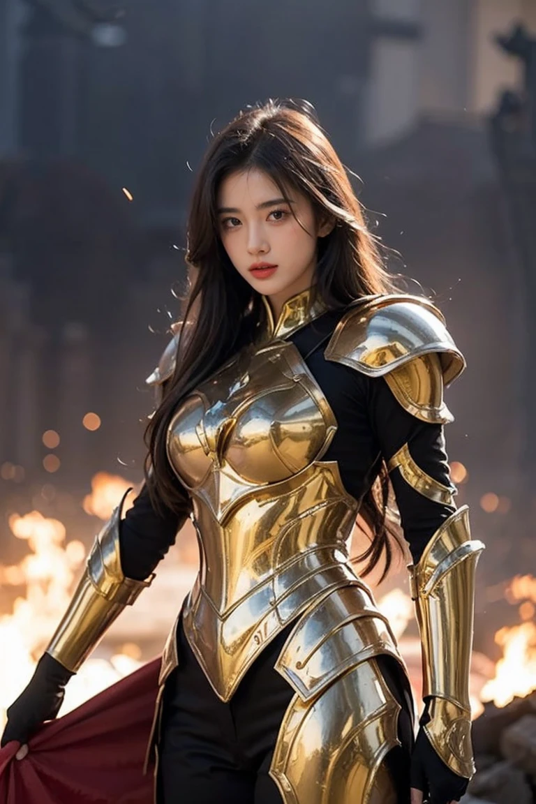 (masterpiece), (best quality), (1 girl), Girl in golden armor, cool pose, battlefield background, Fire background, Saint Seiya Armor, messy hair, broken armor, tattered clothes