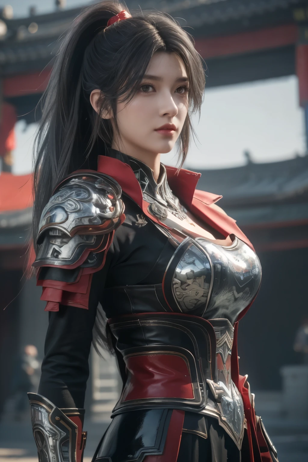 傑作,ゲームアート,最高の画質,最高解像度,8k,(肖像画),Unreal Engine 5のレンダリング作業,(デジタル写真),((肖像画 Feature:1.5)),
20歳の少女,ショートヘアの詳細,長い前髪,(赤いアイメイクはとても丁寧です),(長い白髪の:1.4),(大きい, 豊かな胸),優雅で高貴な,勇敢で魅力的,
(古代中国の鎧の特徴と融合した未来の鎧,中空デザイン,パワーアーマー,神秘的な東洋のルーン文字,繊細なドレスのパターン,魔法のひらめき),未来の戦士,サイバーパンクのフィギュア,戦争の背景,
映画照明，レイトレーシング，ゲームCG，((3D アンリアルエンジン))，OCレンダリング反射パターン