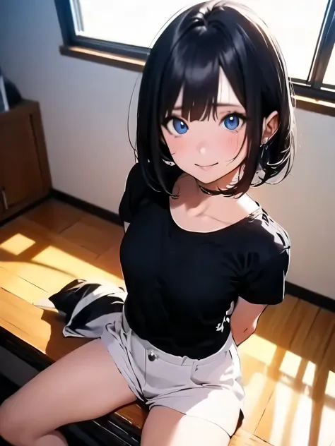animeスタイル, film portrait photography, ((bird&#39;s eye view)), woman, blue eyes, black hair, short bob hair, wearing a black T-shirt, sit on a chair, ((turn your arms behind your back)), (spread your legs:1.2), anime, Moe art style, 8k, ((high angle)), bir...