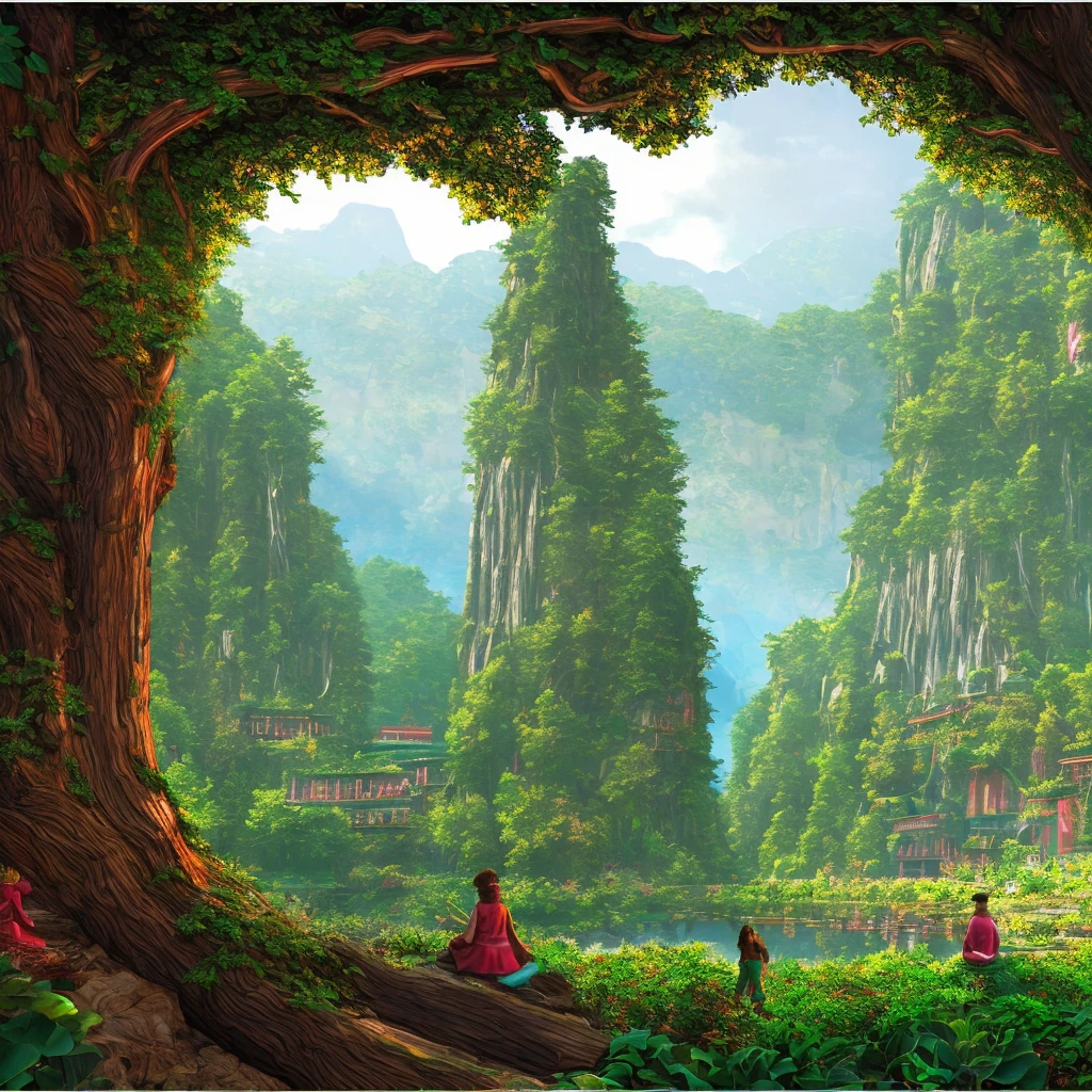 An elven village built in large trees on the side of a sacred mountain, (best quality,4k,8k,highres,masterpiece:1.2), ultra-detailed, realistic:1.37, HDR, UHD, studio lighting, extreme detail description, professional, vivid colors, bokeh, portraits, landscape, (Art style of: Wu Guanzhong), vibrant and dynamic colors, soft lighting.